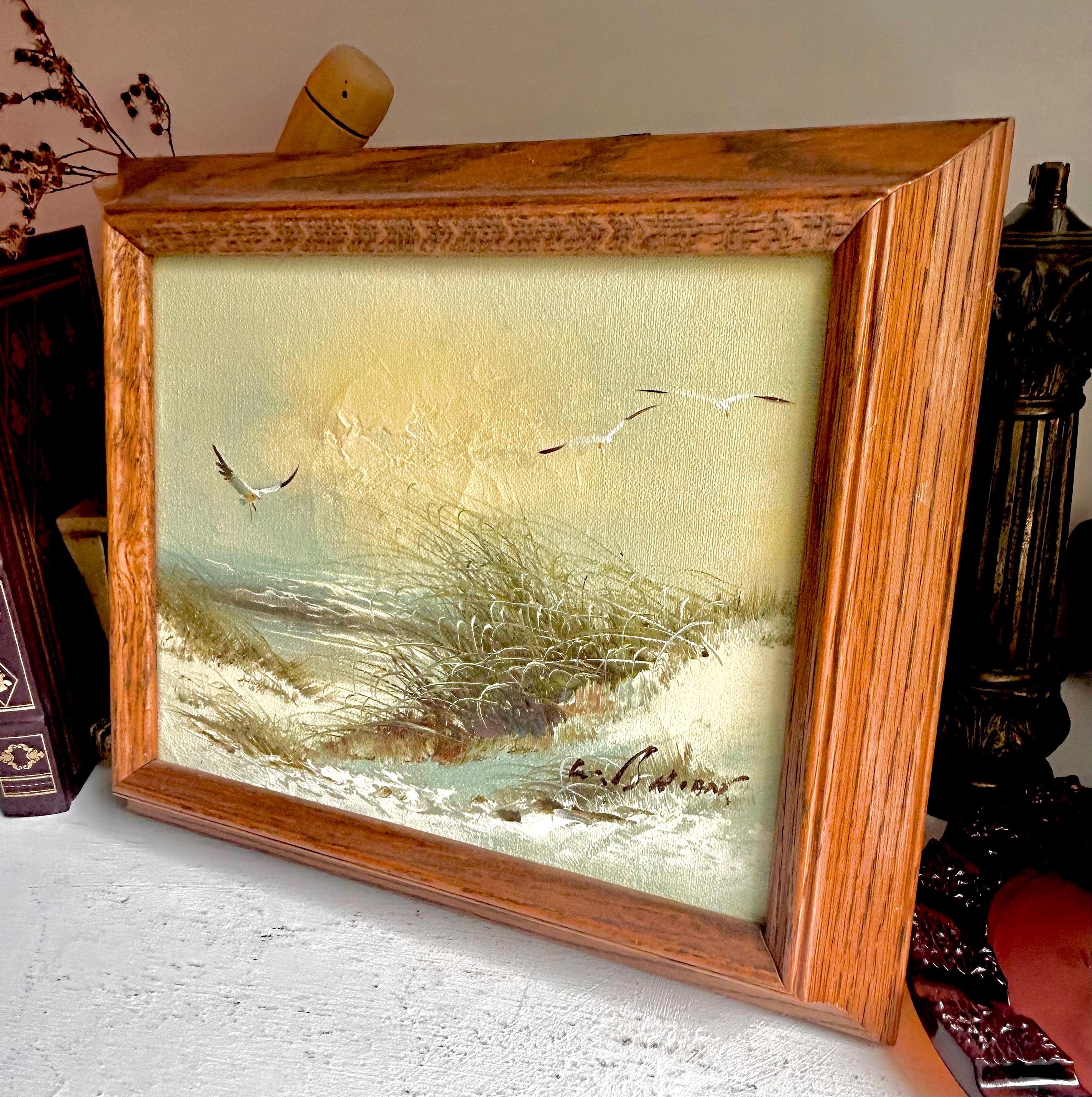 Vintage Seaside Painting - Original Signed Beach Scene in Oak Frame
