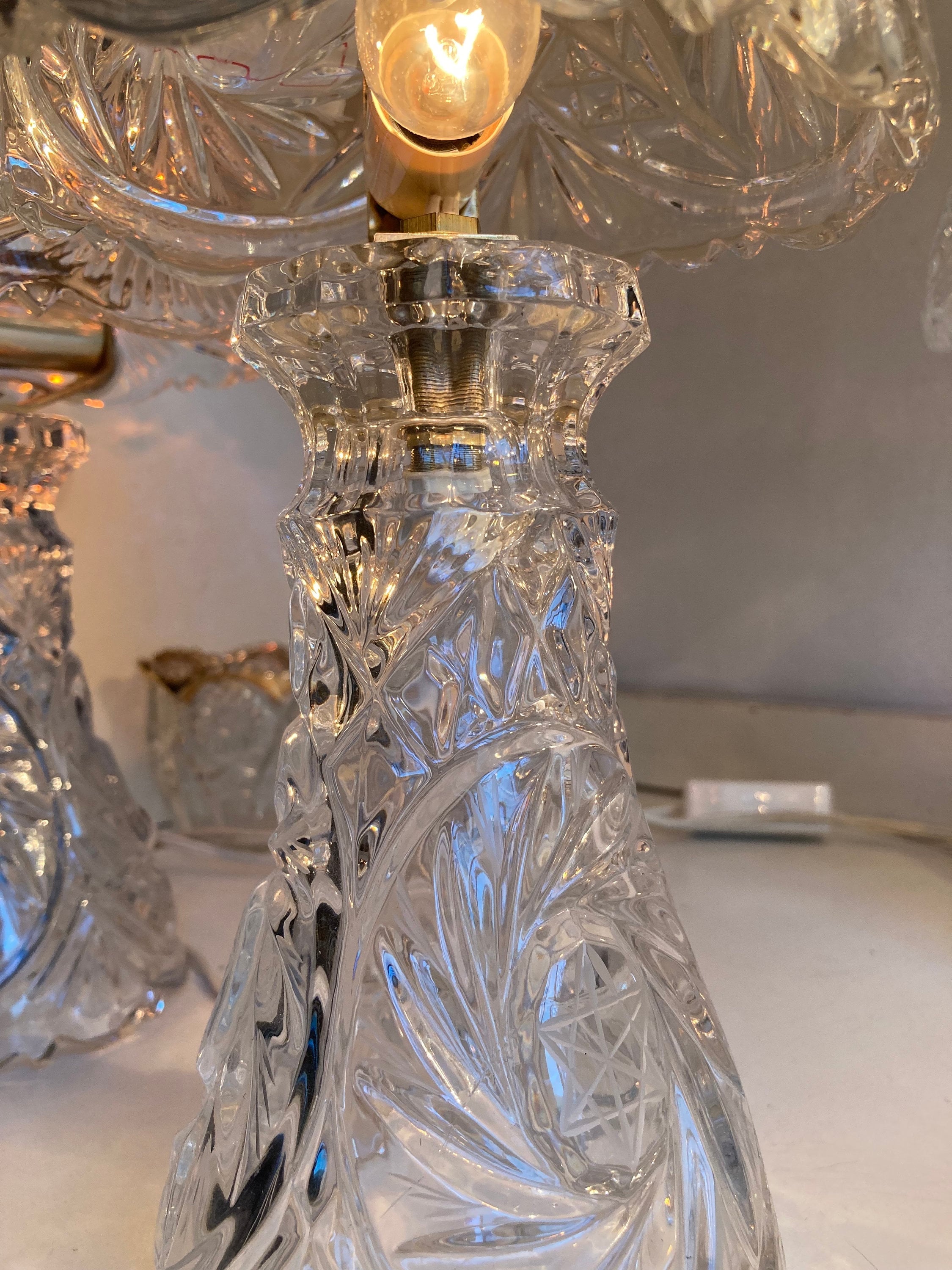 Small Glass Boudoir Parlor Lamp with Brass Finishings - Cut Geometric and Star Pattern