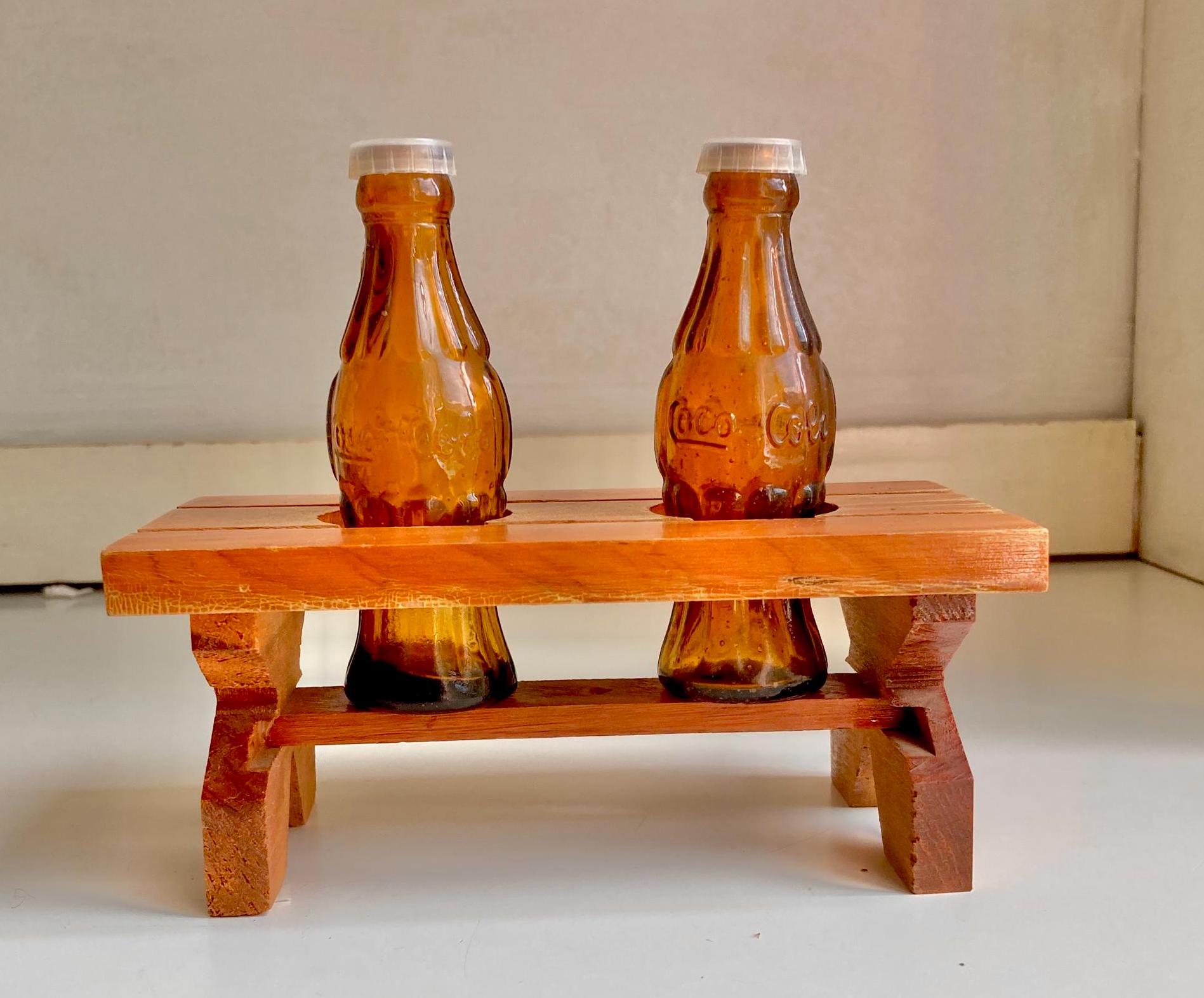 Vintage Salt and Pepper Shaker Set with Coca Cola Bottles and wooden Picnic Table