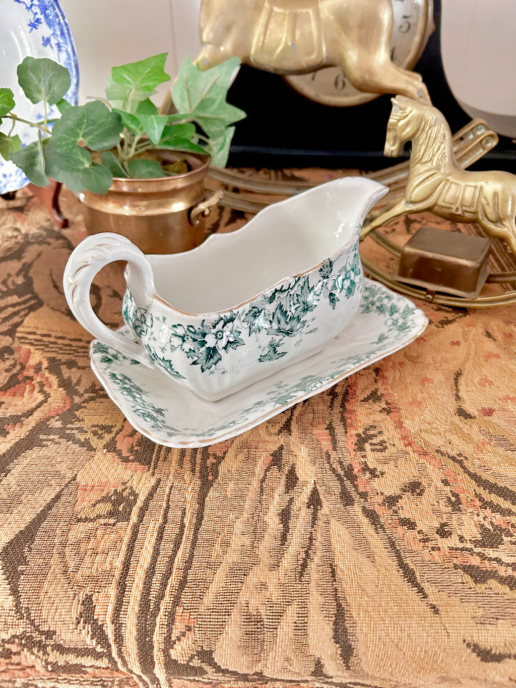 Antique Royal Vitreous Green White Transferware Gravy Boat with Underplate