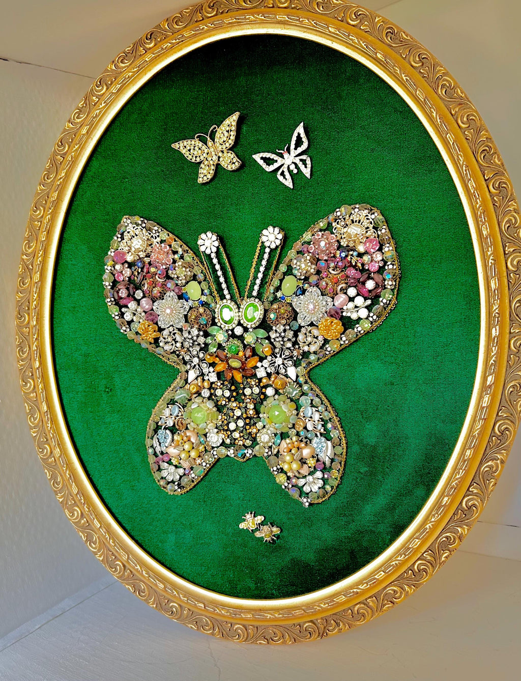 Vintage Kitsch Butterfly Art: Velvet, Baubles & Rhinestones in Ornate Gold Frame