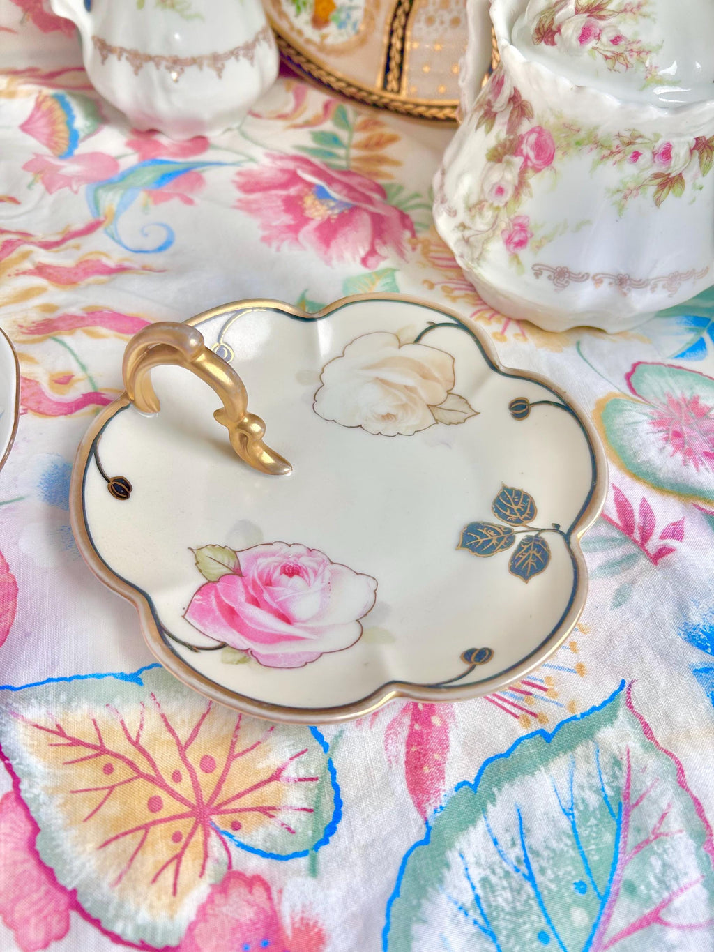 Vintage Bavaria Porcelain Finger Loop Plate: Floral Rose Serving Dish