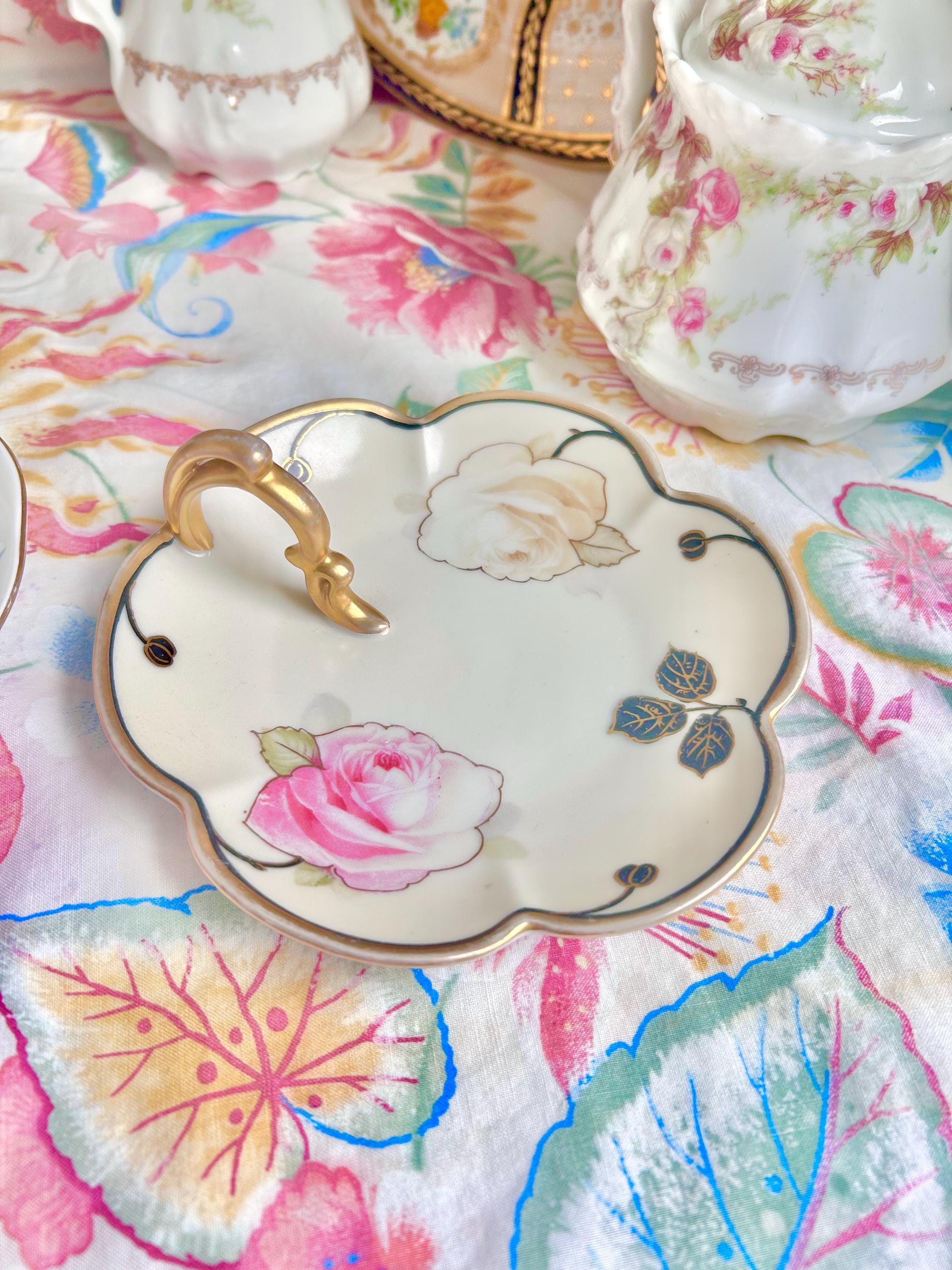 Vintage Bavaria Porcelain Finger Loop Plate: Floral Rose Serving Dish