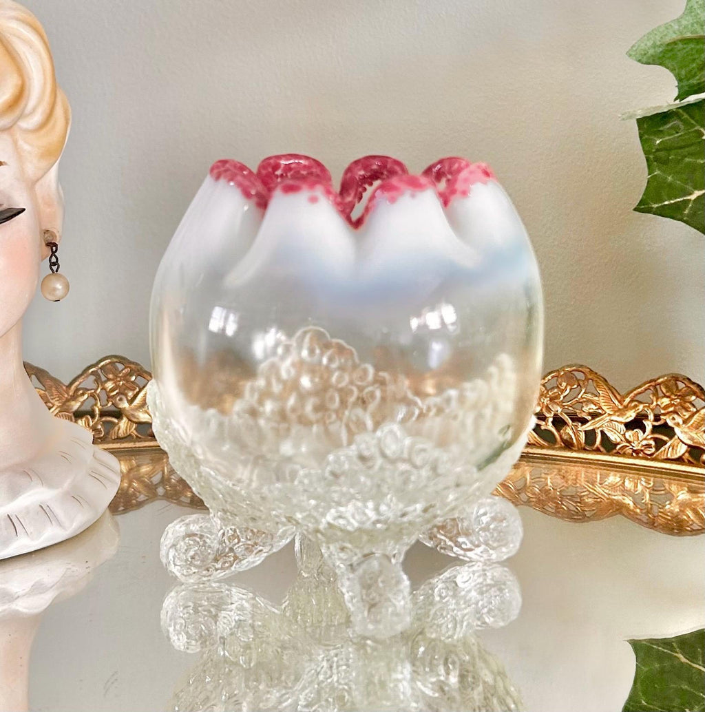 Antique EAPG Uranium Clear and Opalescent Glass Footed Rose Bowl with Pink Edge