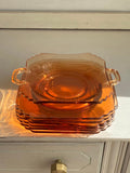 Vintage Fostoria Mayfair Honey Amber Glass Plate Set: Luncheon Plates & Relish Dish
