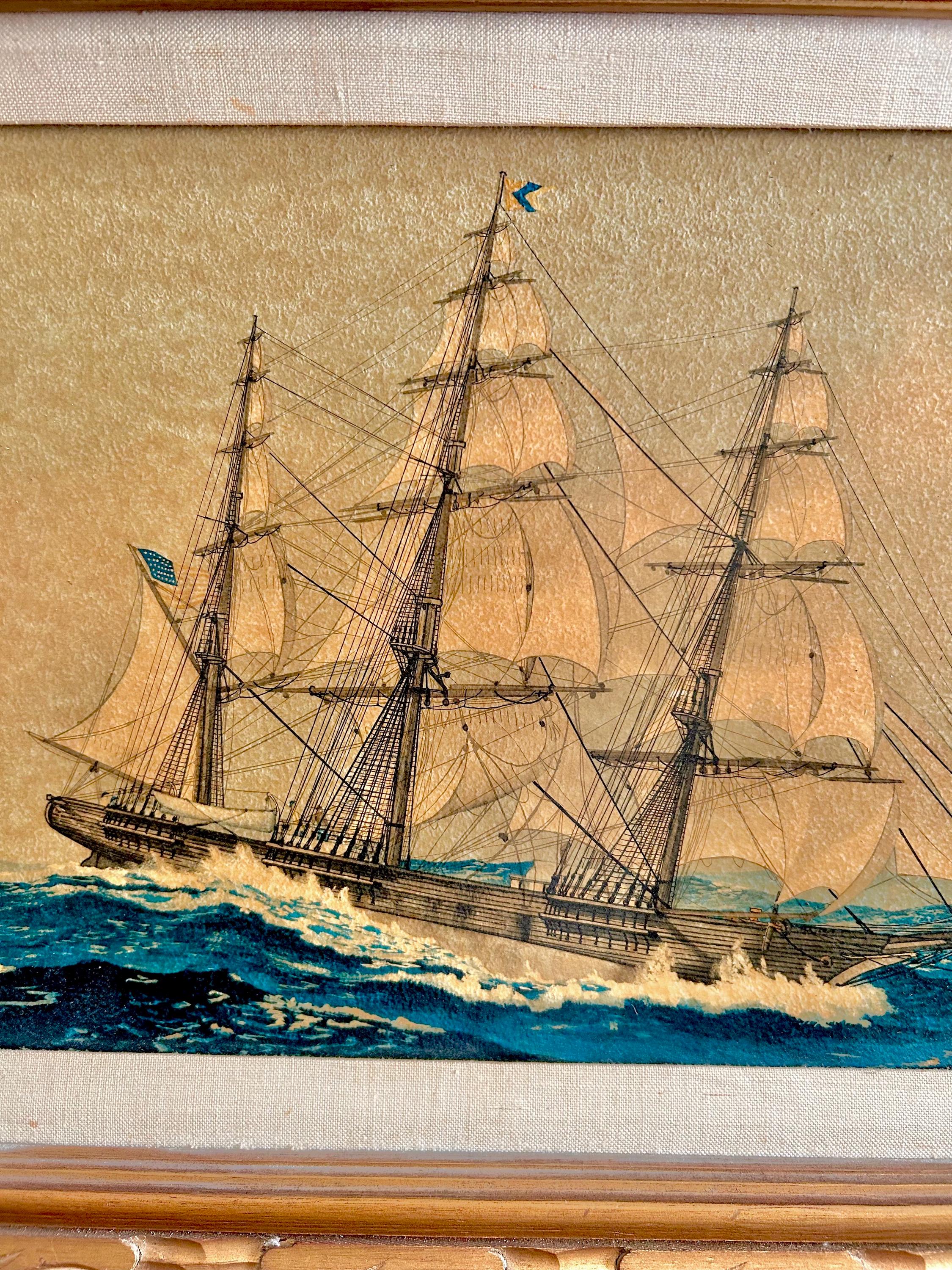 Vintage Sailboat Print: Textured Maritime Art in Gilt Olive Frame