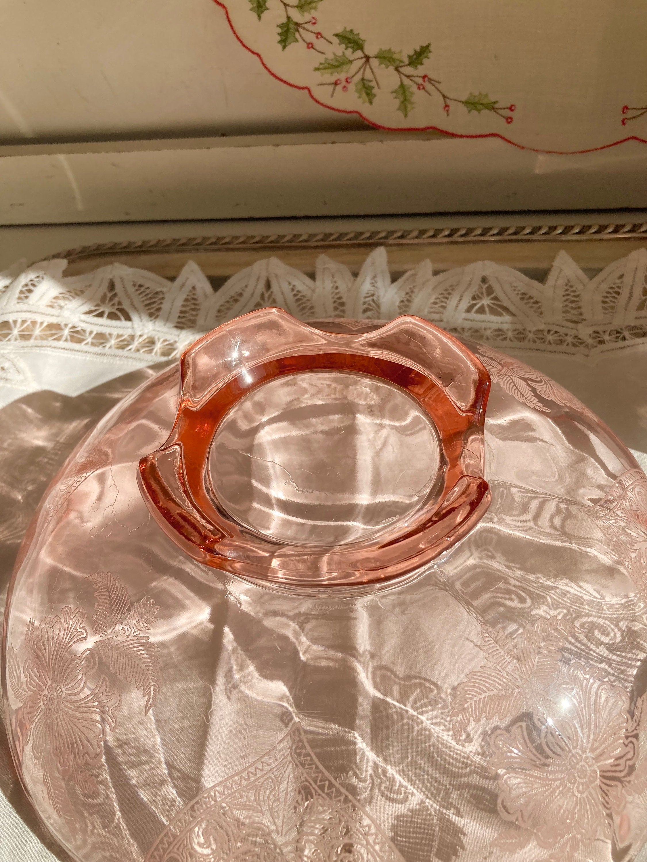 Pink Depression Glass Bowl - Etched Flowers, Dancing Nudes, Octagonal
