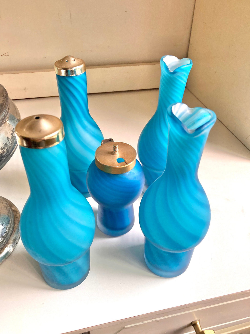 Antique Meriden Silver Plated Cruet Caddy: Sky-Blue Swirl Glass Bottles