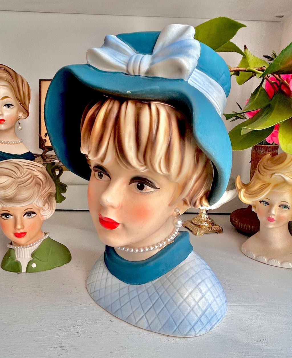 Vintage Napcoware LARGE Head Vase: 1960s Lady with Teal Blue Hat, Pearls