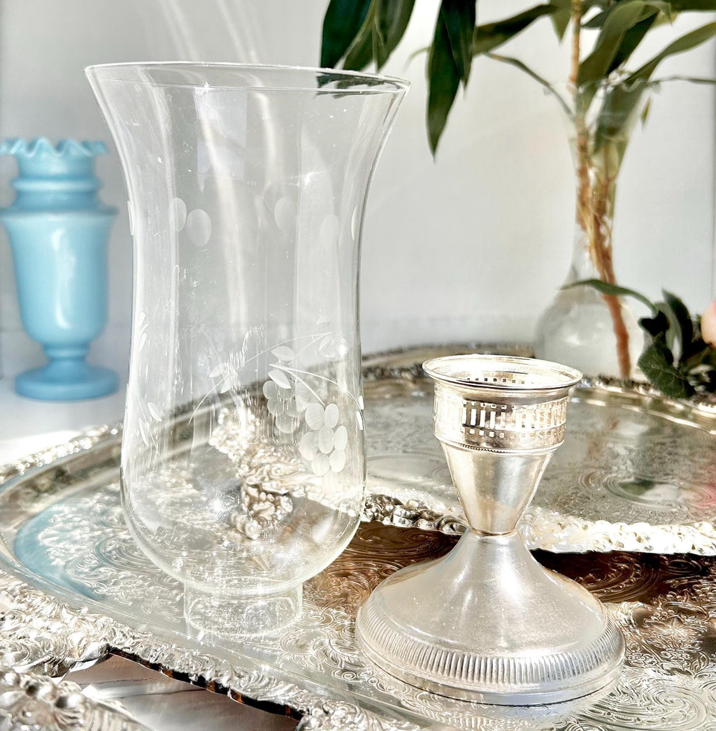 Vintage Weighted Sterling Silver Hurricane Candle Holder with Etched Grape Shade