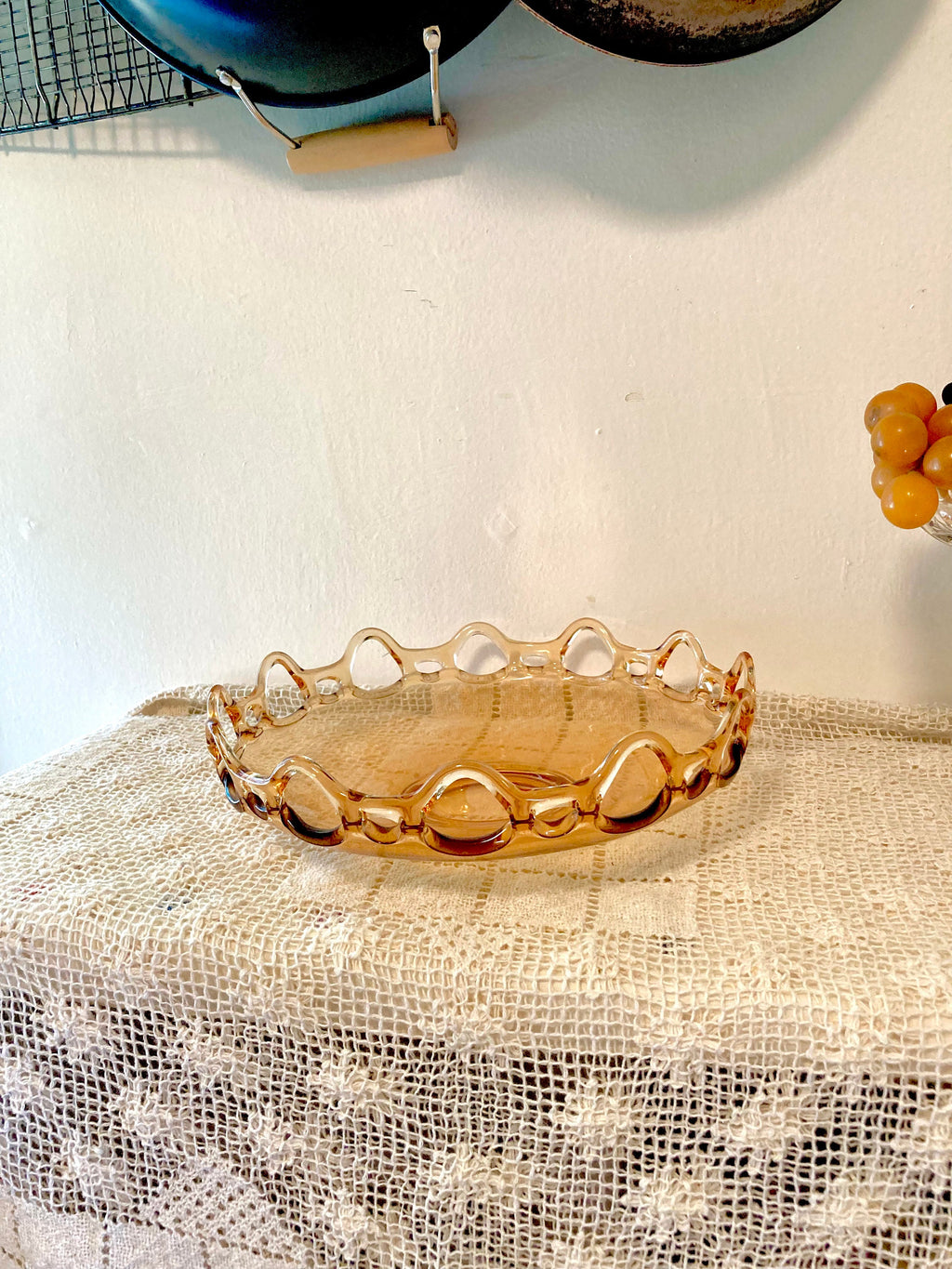 Fostoria Amber Glass 11" Console Bowl - Open Lace Edge Pattern #2320 - circa 1930