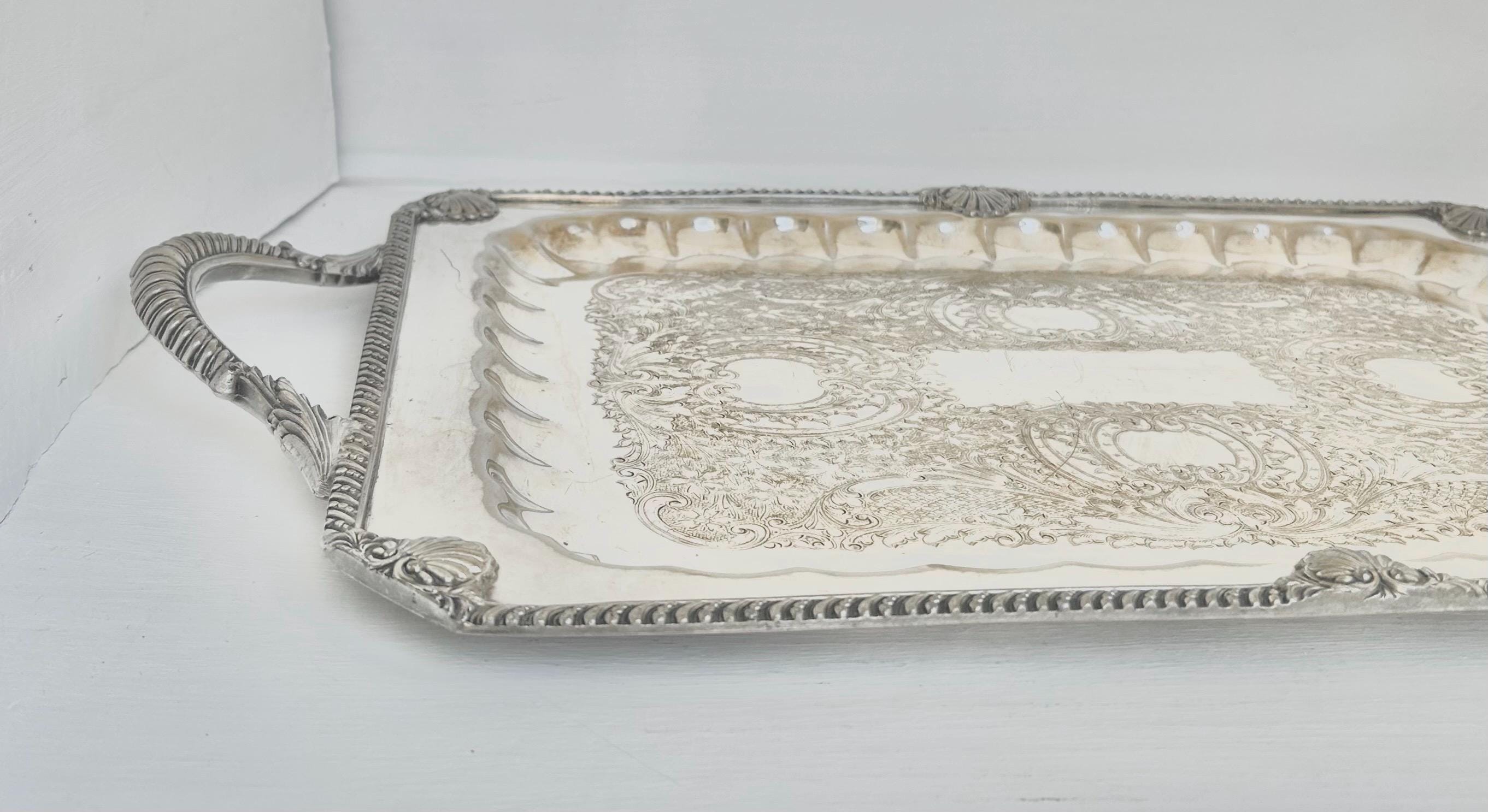 Vintage Silverplated Copper Tray: Neoclassical Seashell Rim, English Silver Co. - Vintage worn
