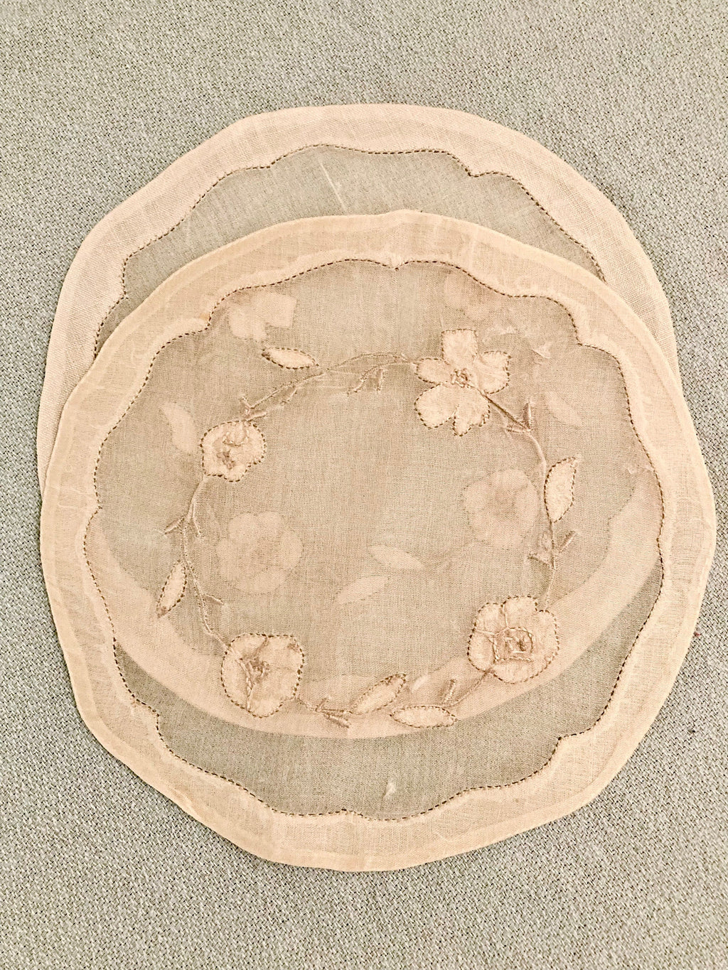 Madeira Linen/Organdy Ecru Hand-stitched Floral Cocktail Rounds - Set of 2