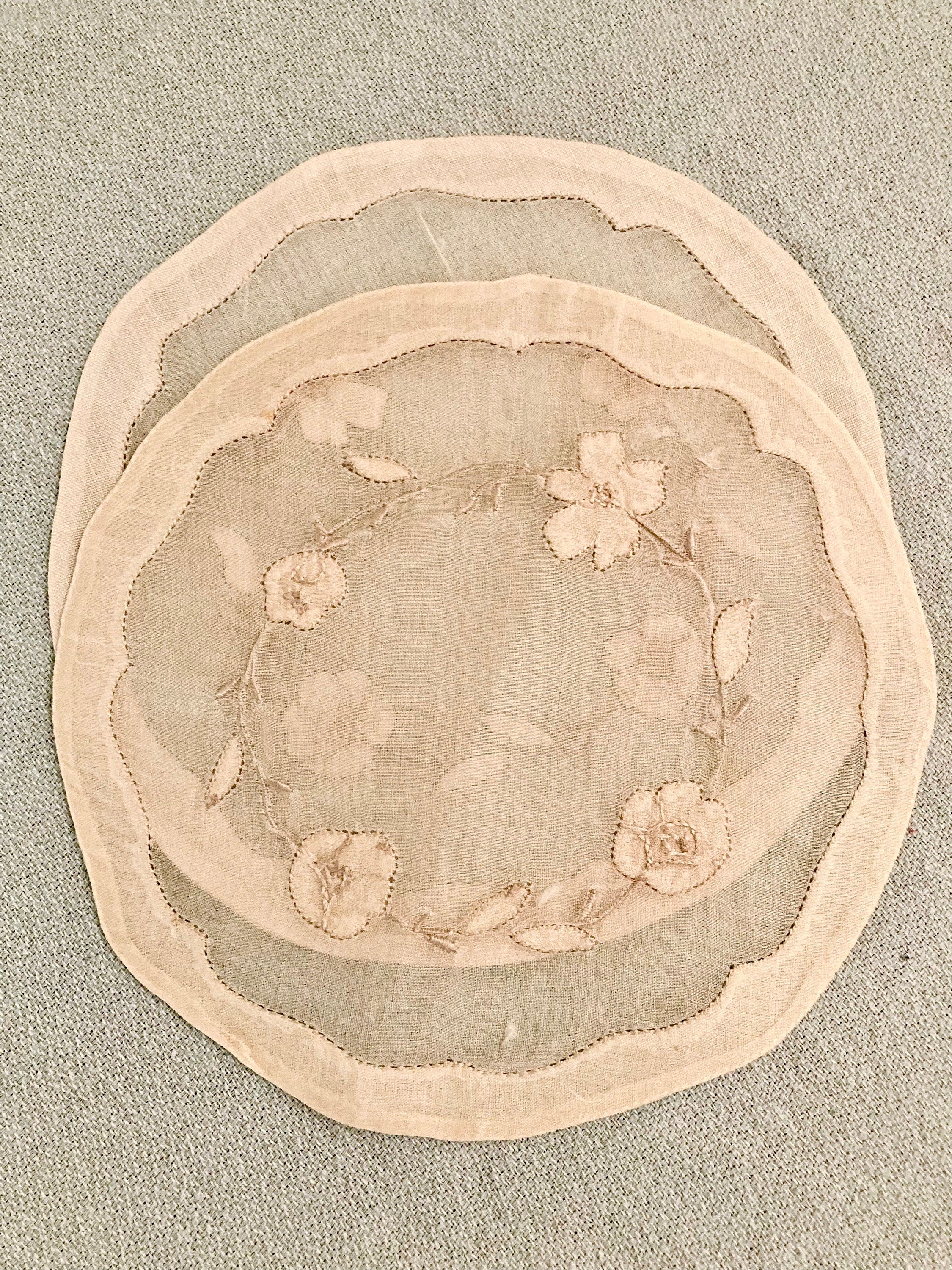 Madeira Linen/Organdy Ecru Hand-stitched Floral Cocktail Rounds - Set of 2