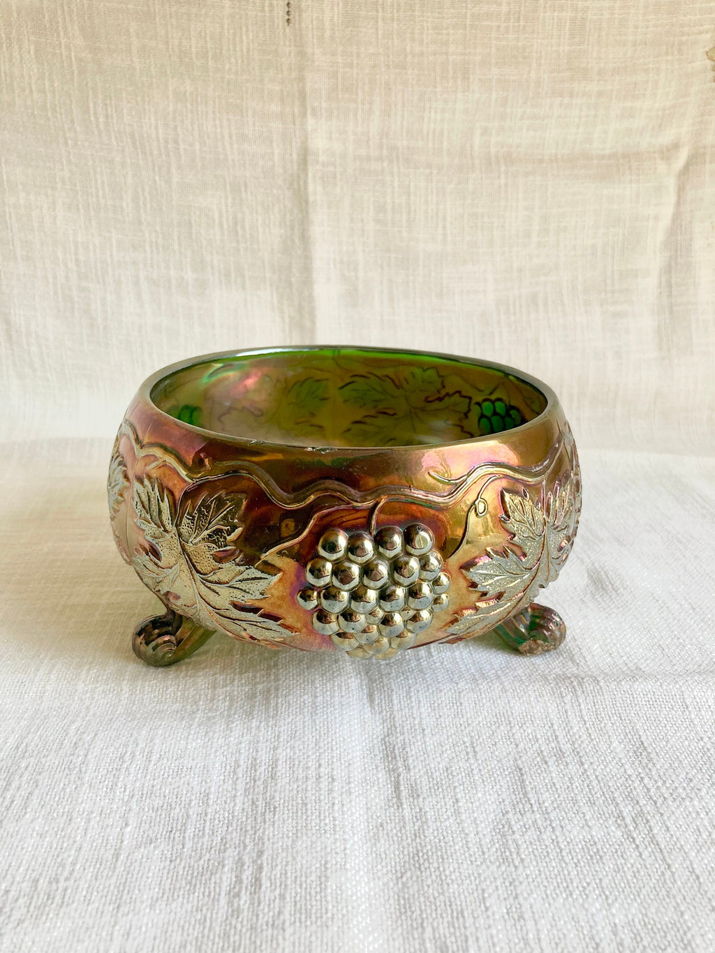 Vintage Fenton green Emerald Carnival Glass Three Footed Grape Vine Bowl - Fair Condition - a Beauty!
