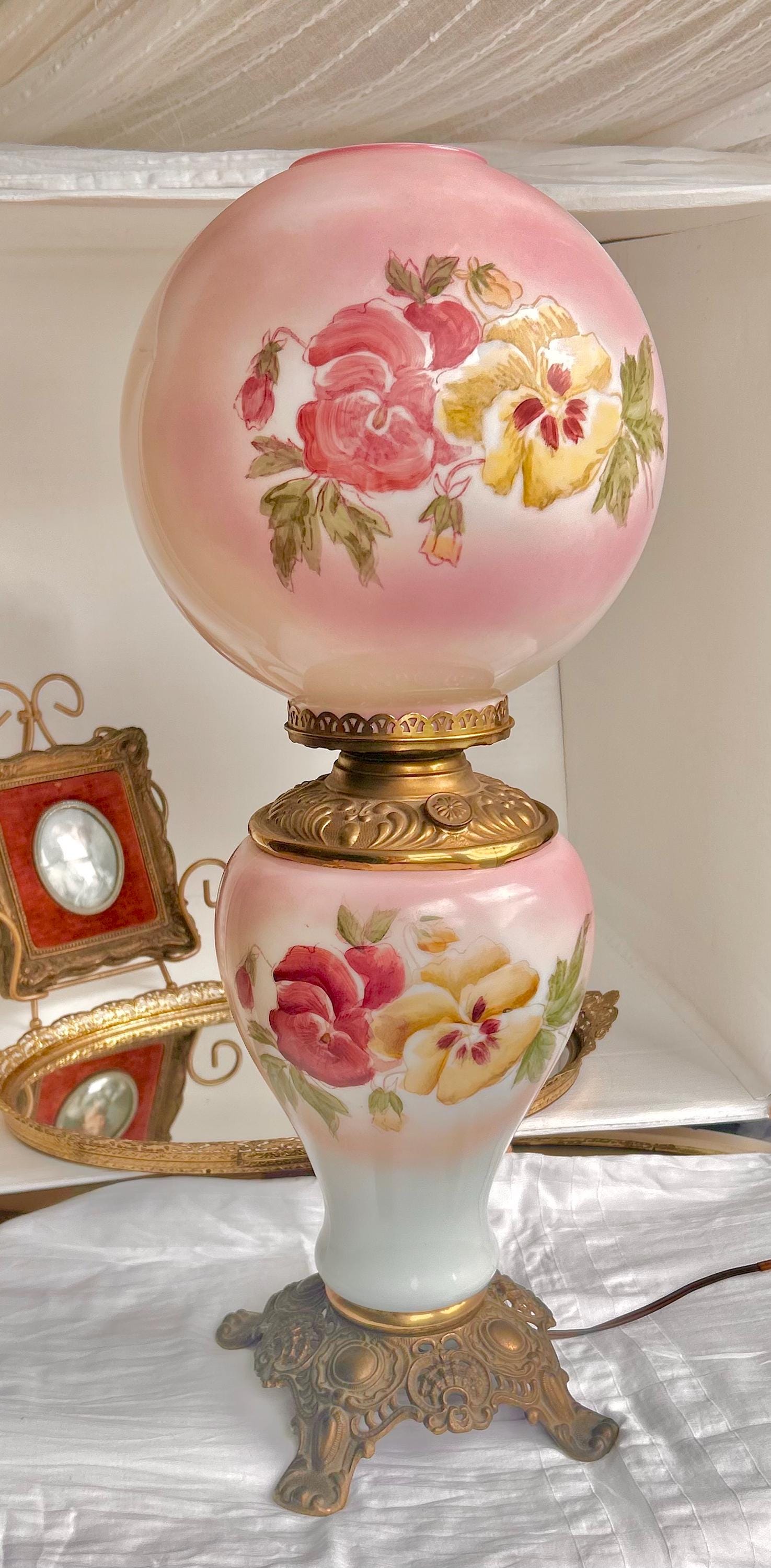 Vintage Pink Tinted Milk Glass Hurricane Lamp: Hand-Painted Pansies, Brass Accents