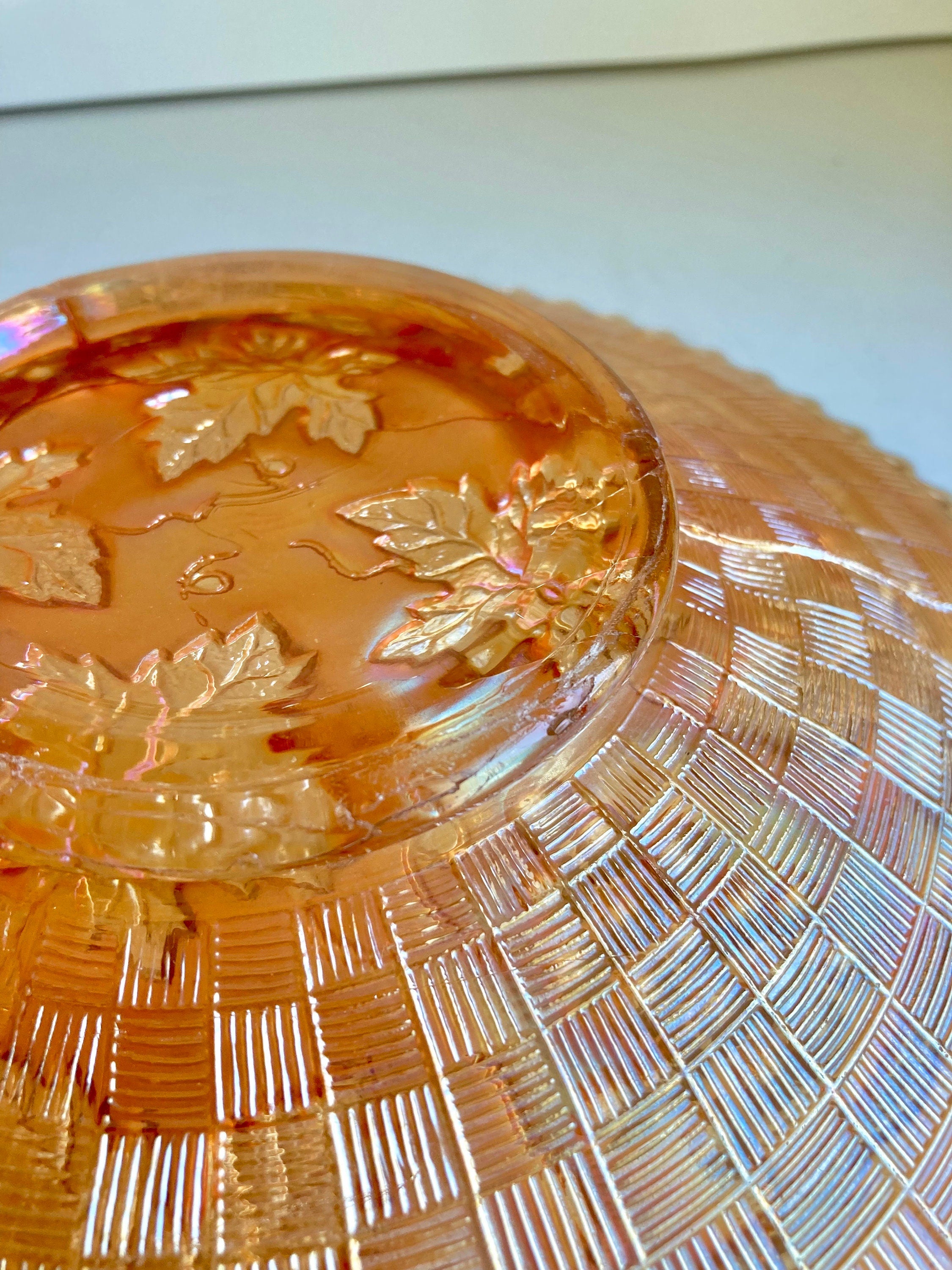 Antique Northwood Grape & Cable Basket weave Marigold Carnival Glass Plate with Sawtooth edge 9”