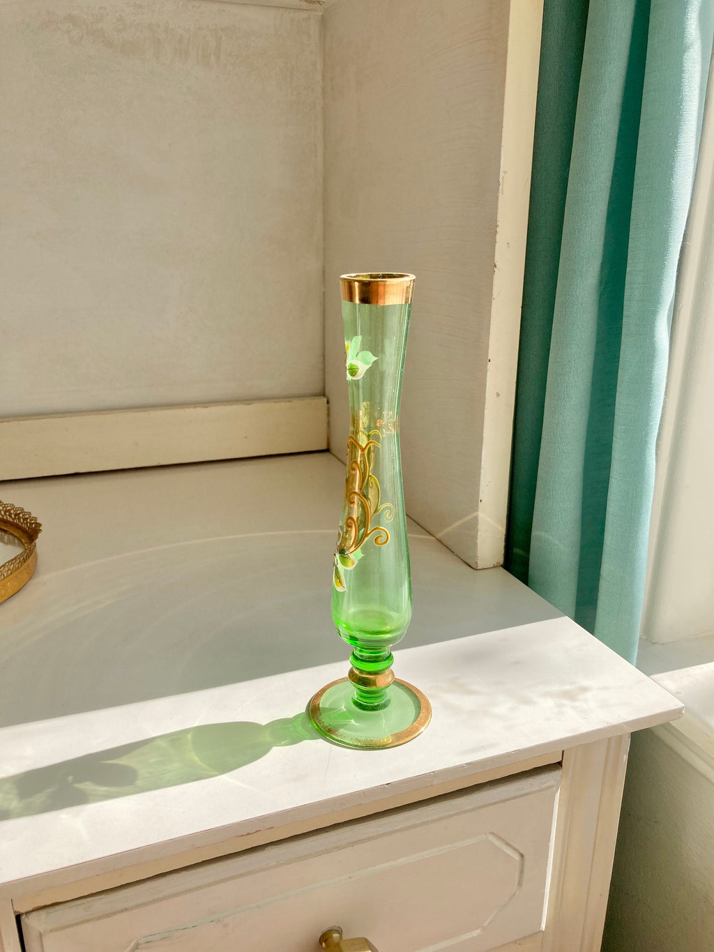 Vintage Green Glass Hand Painted Gilt Bohemian Bud Vases: choose from Two