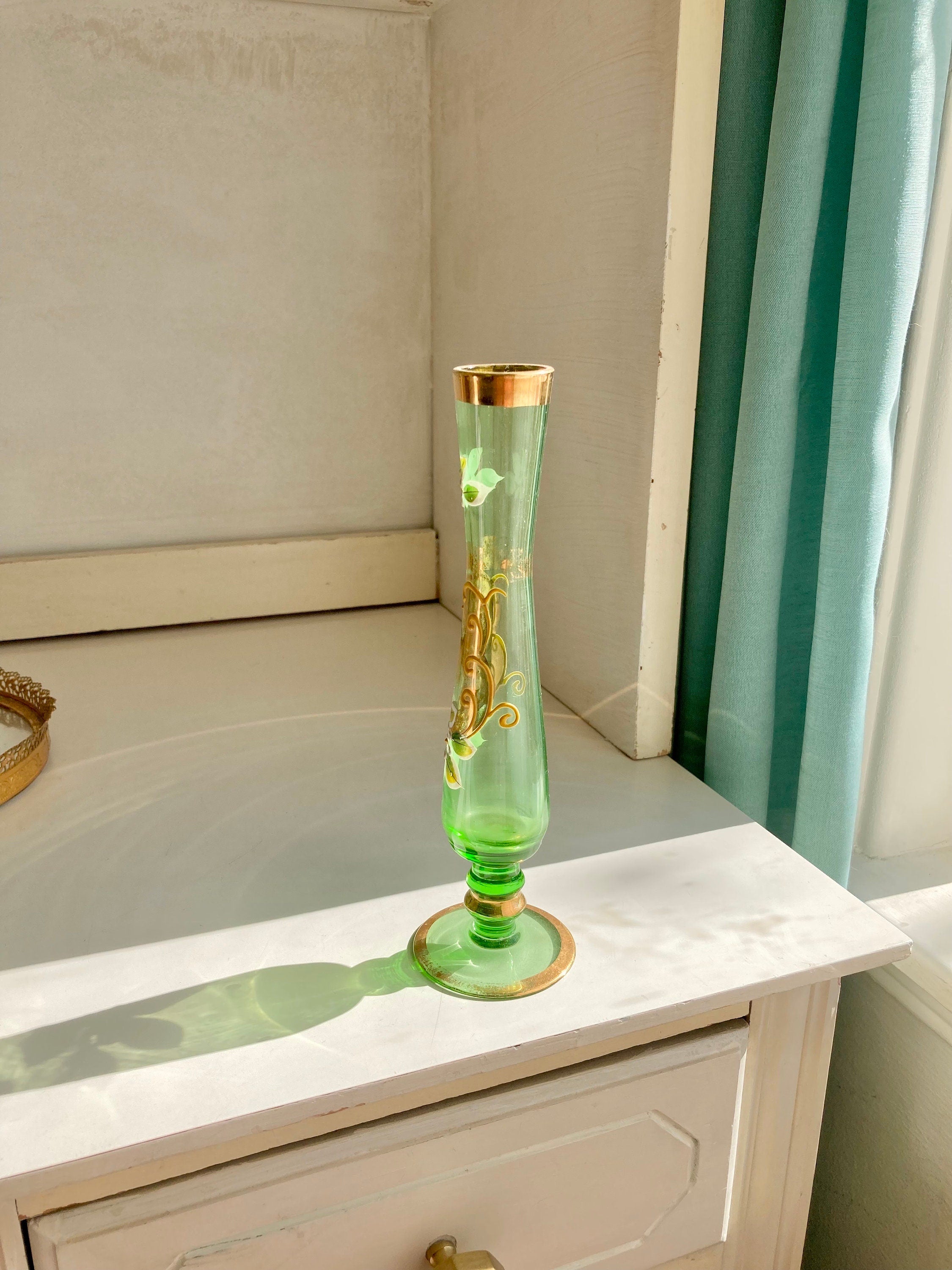 Vintage Green Glass Hand Painted Gilt Bohemian Bud Vases: choose from Two