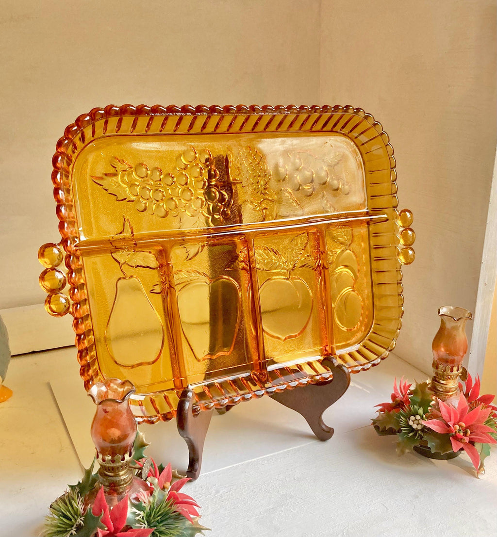 Vintage Amber Glass Tray: Indiana Glass Harvest Divided Platter