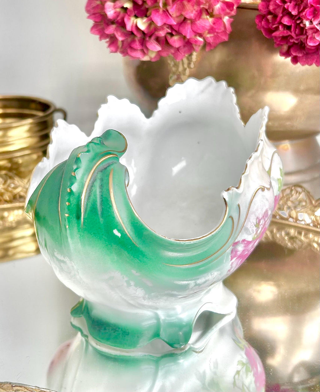 Art Nouveau Porcelain Gravy Boat: New Habsburg Austria, Teal Roses, Gold Trim