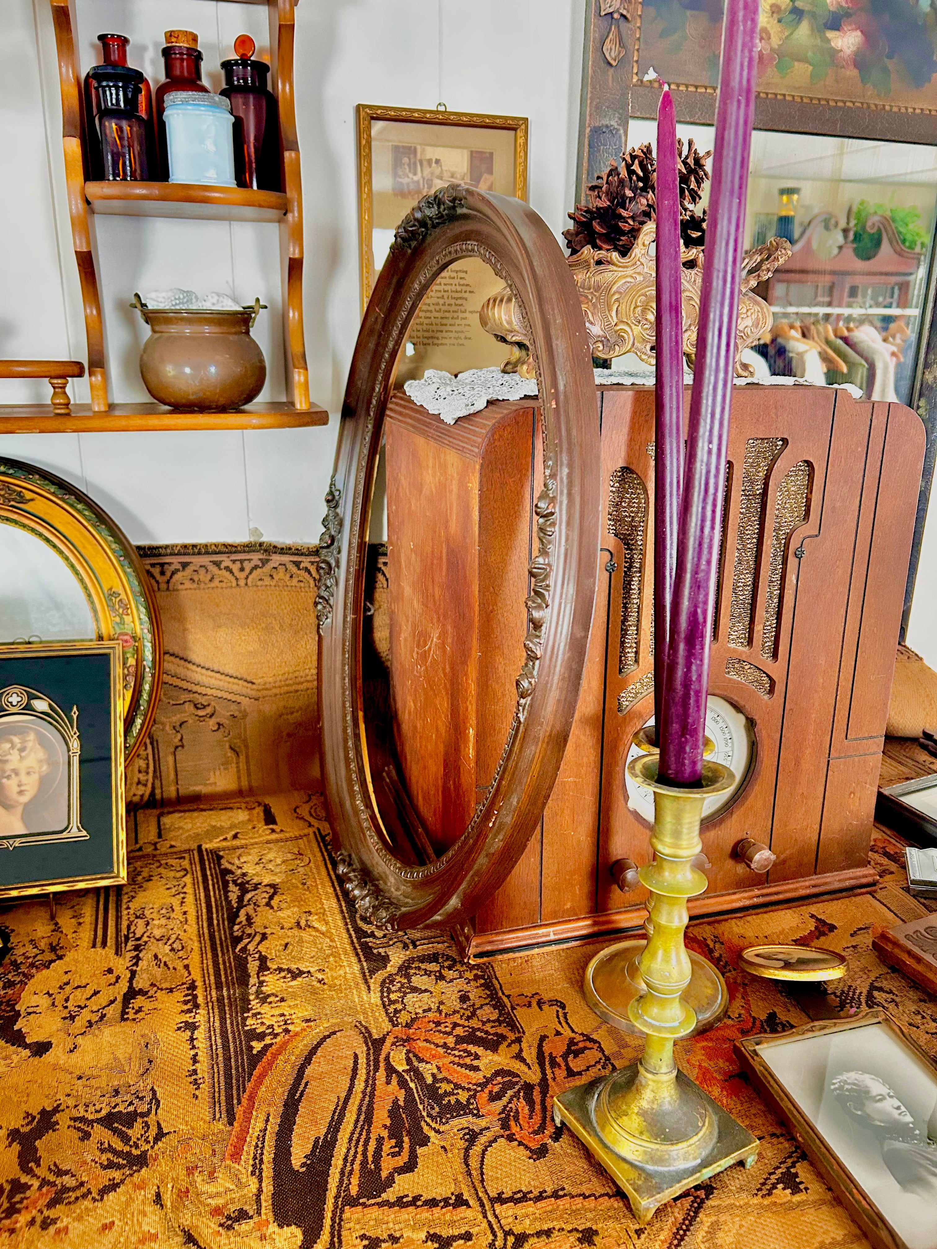 Antique Wooden Oval Frame with Carved Floral Garland