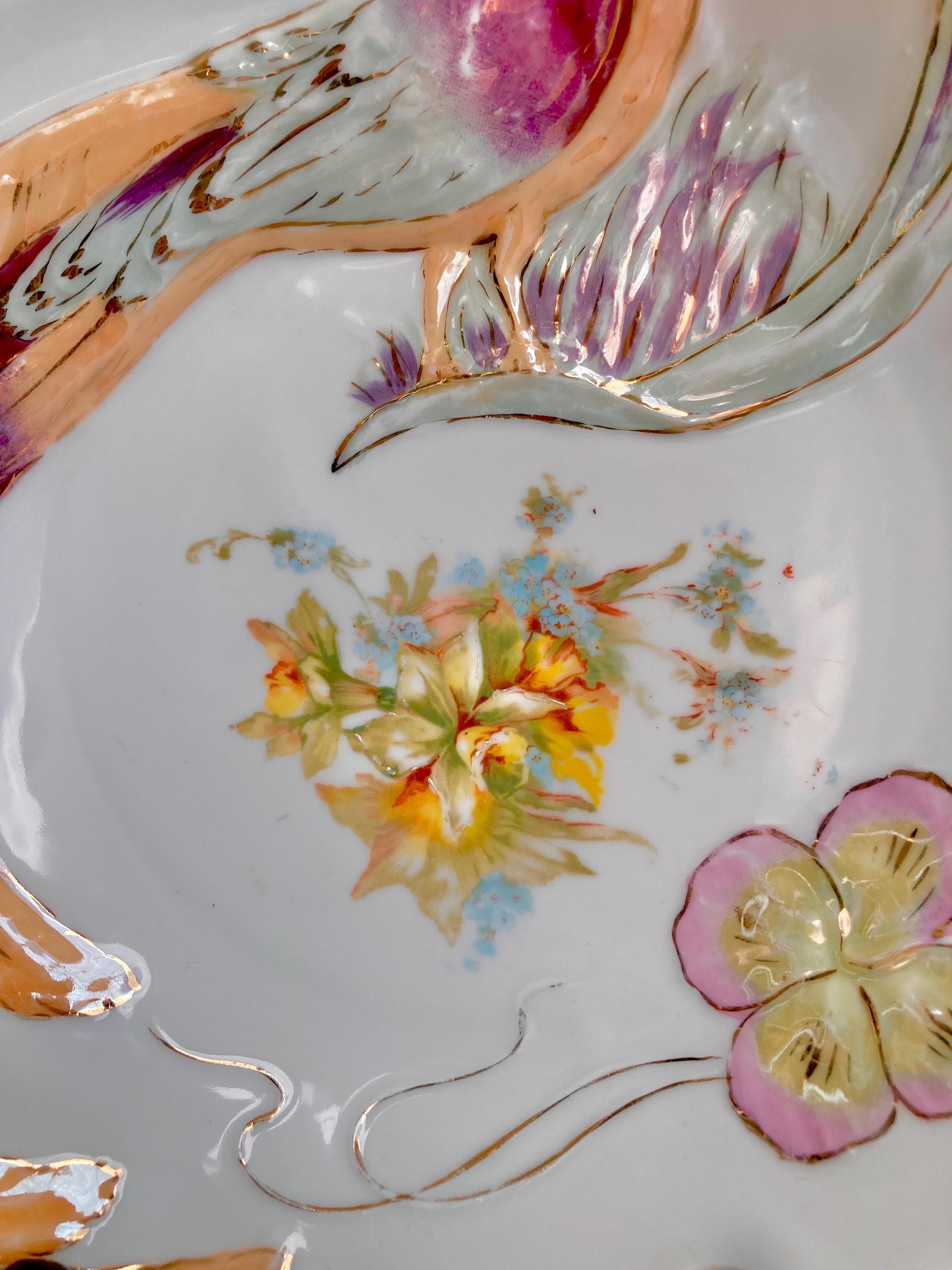Vintage Bavarian Porcelain Bowl: Hand-Painted Bird & Floral Luster Dish