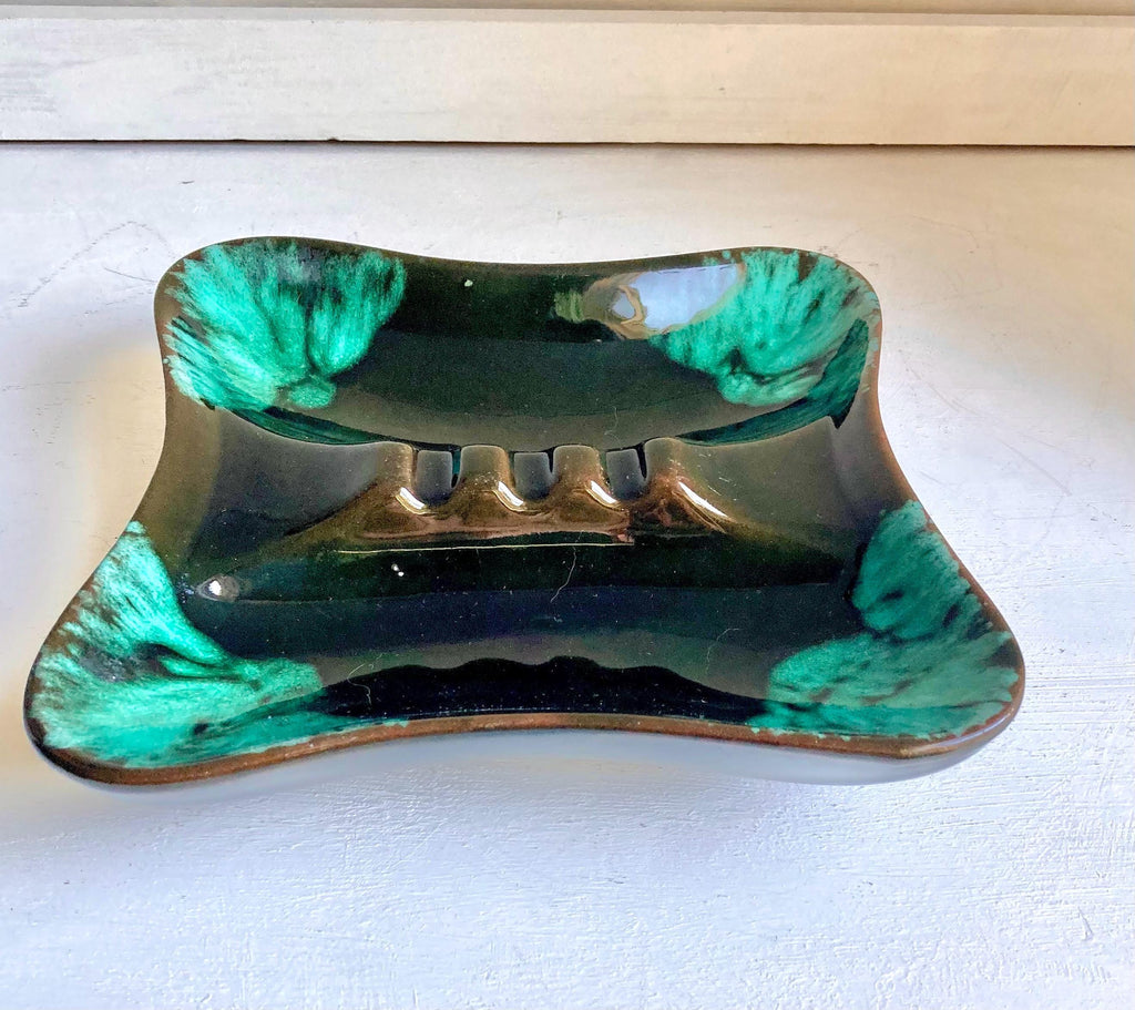 Vintage MCM Drip Glaze Ceramic Ashtray: Turquoise & Olive Green
