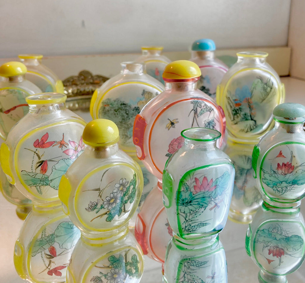 Vintage Chinese reverse Painted Carved Glass Snuff Bottles, 2-3 inch, Sold Individually