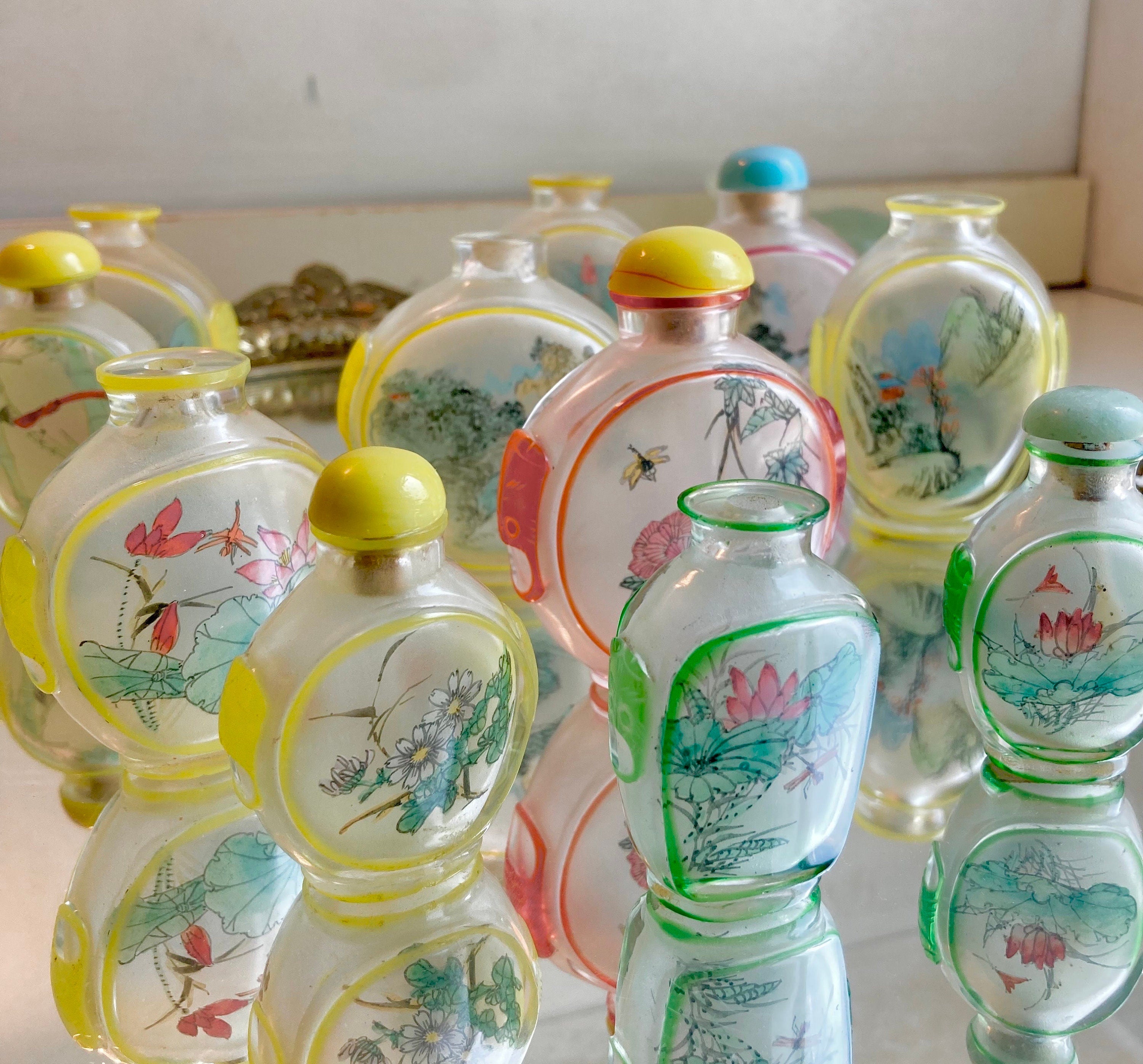 Vintage Chinese reverse Painted Carved Glass Snuff Bottles, 2-3 inch, Sold Individually