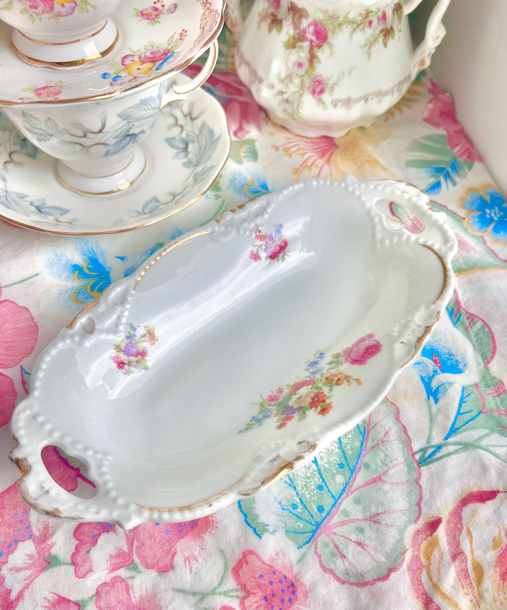 Vintage Floral Porcelain Dish: Germany Gold Trim Small Bowl
