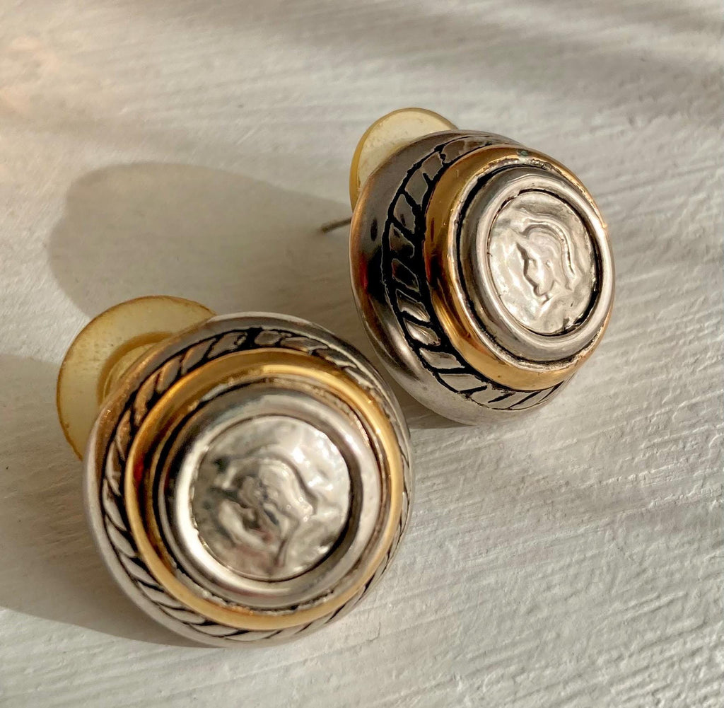 Vintage Roman-Coin-Button Gold and Silver Tone Blend Earrings for Pierced Ears