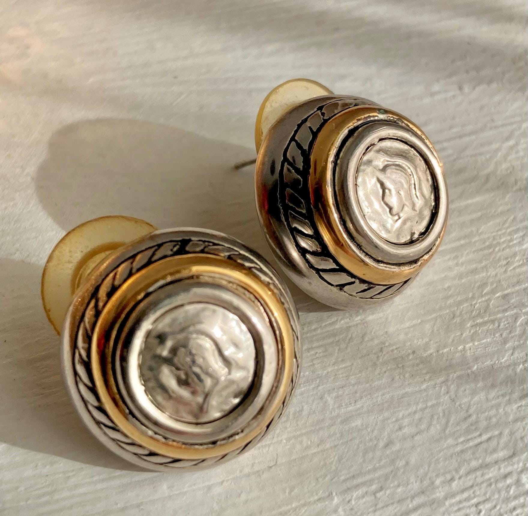 Vintage Roman-Coin-Button Gold and Silver Tone Blend Earrings for Pierced Ears