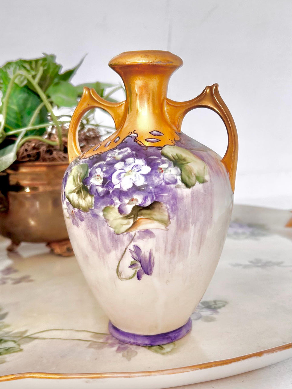 Antique Austrian Porcelain Vase with Handpainted Gold and Violets