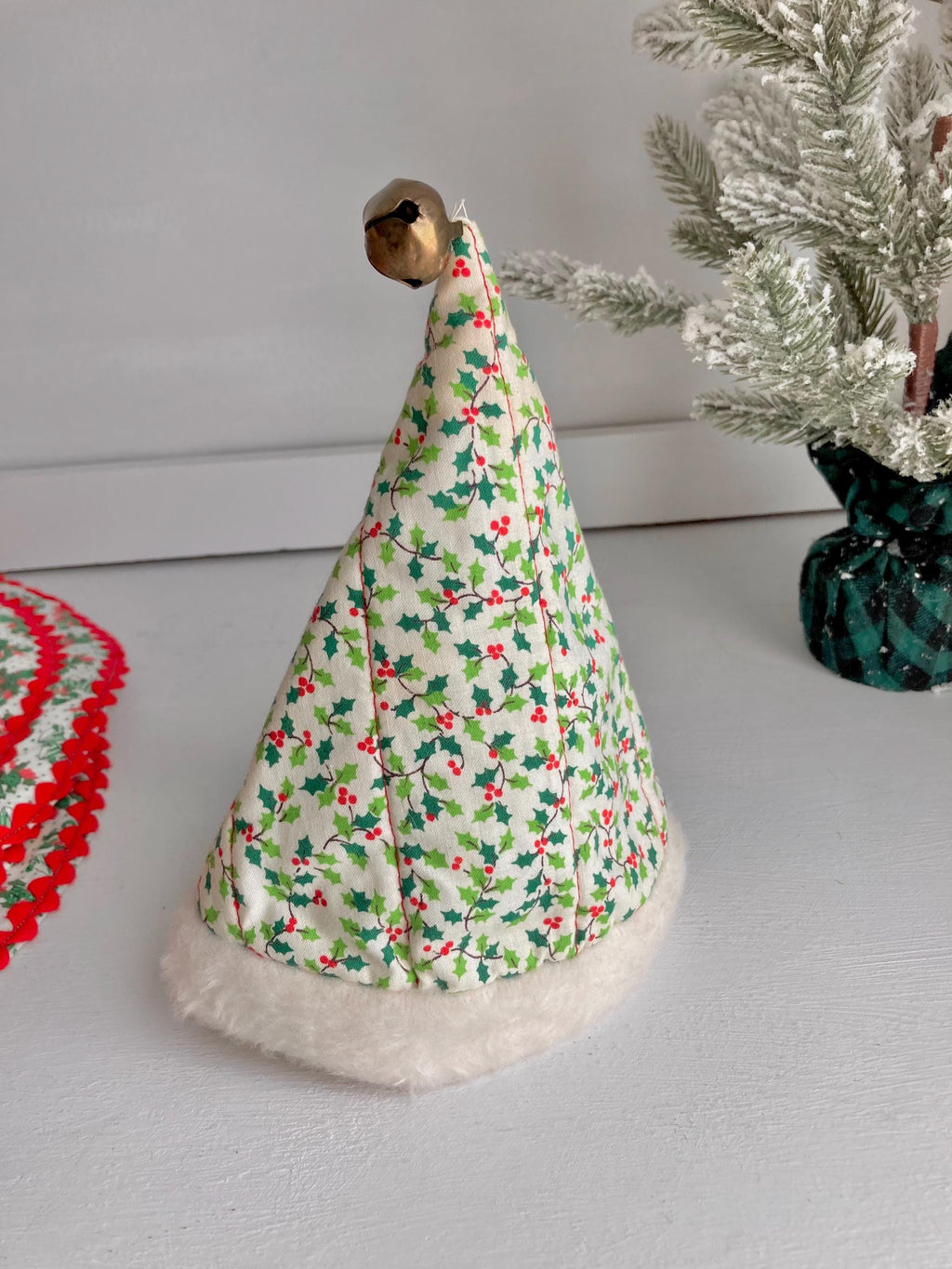 Vintage Mini Quilted Christmas Cap: Faux Fur Lined Santa Hat with Brass Bell