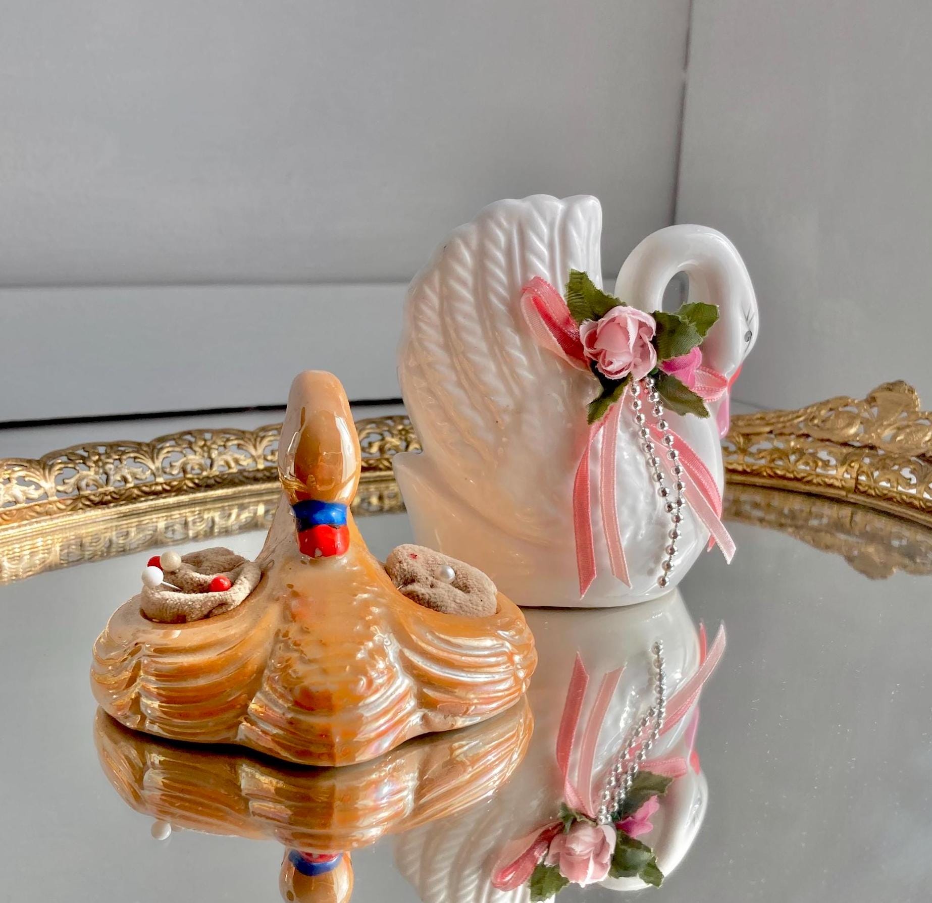 Vintage Ceramic Swan Figurines: Orange Luster Pin Cushion or White Floral Swan