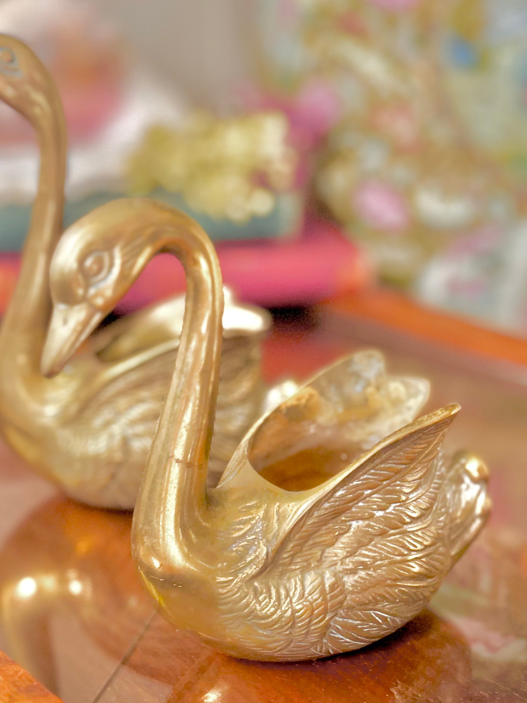 Pair of Vintage Brass Swan Planters