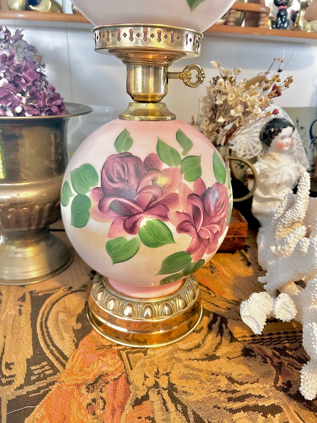Vintage Three Way Glass Globe Lamp Hand-painted Roses