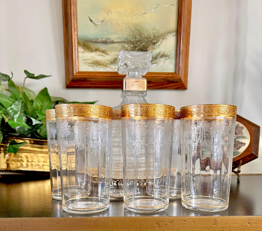 Midcentury Tiffin Ribbed Gilt Glass Tumblers set of 6
