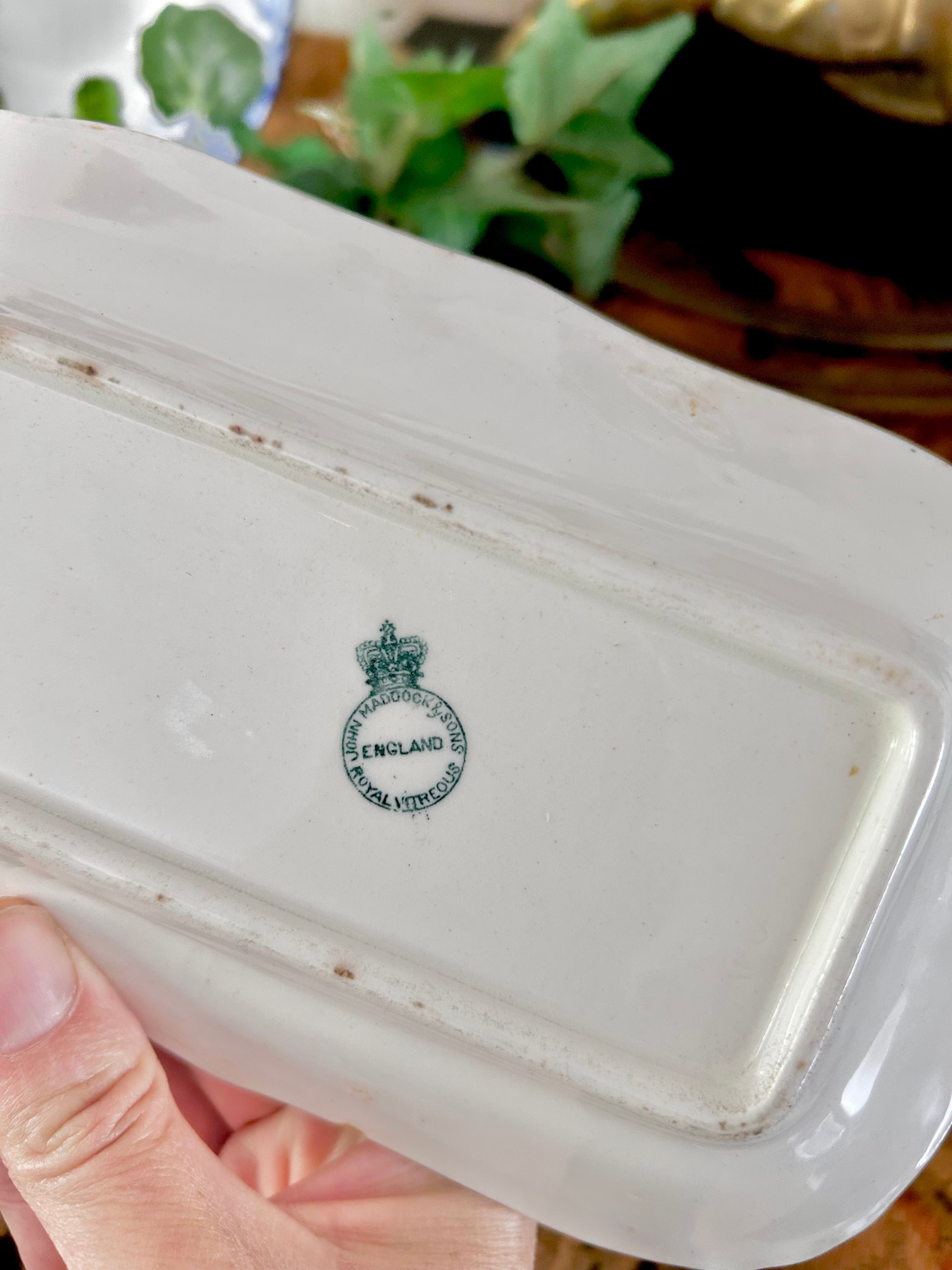 Antique Royal Vitreous Green White Transferware Gravy Boat with Underplate