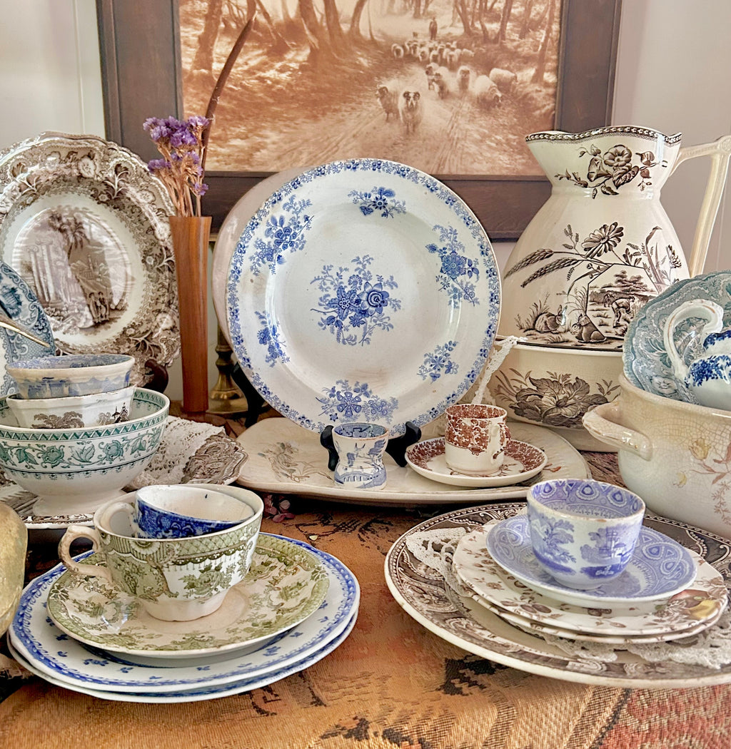 Antique Stained Worn Ironstone Transferware Dishes