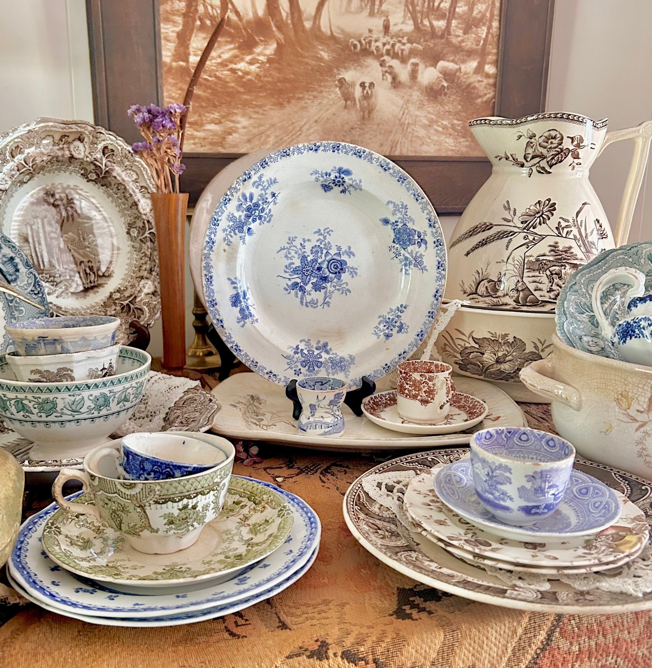 Antique Stained Worn Ironstone Transferware Dishes
