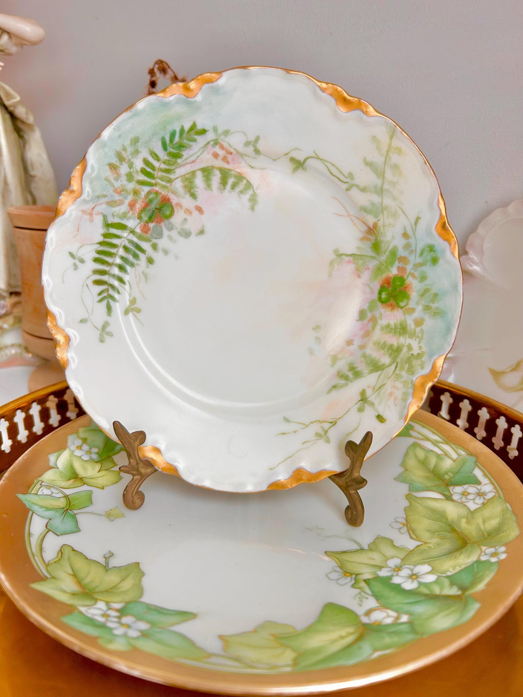 Vintage Bavaria Porcelain Plate: Shamrock Fern Leaf Gold Trim Detail