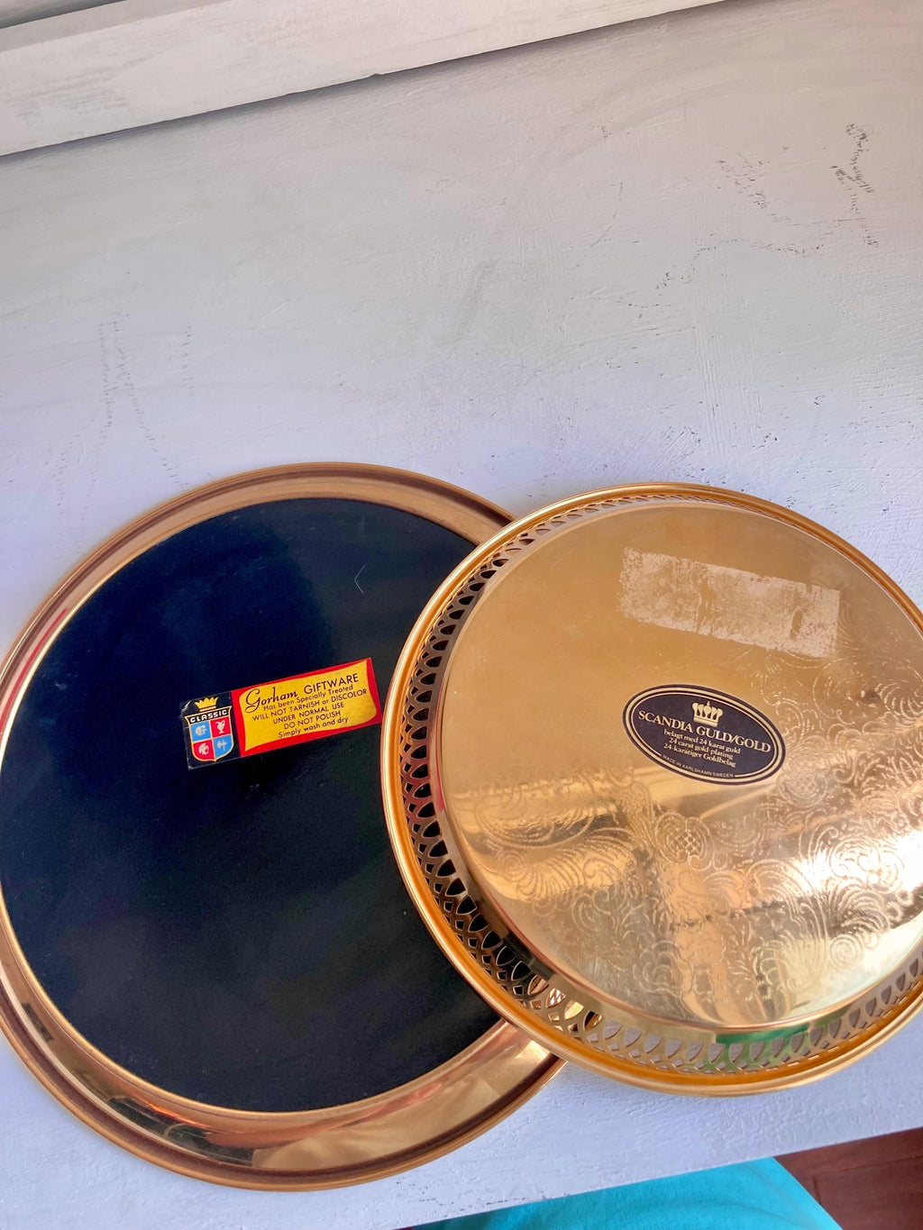 Vintage MCM Gold Tone/Gold Plated Small round Drinks Trays: CHOICE