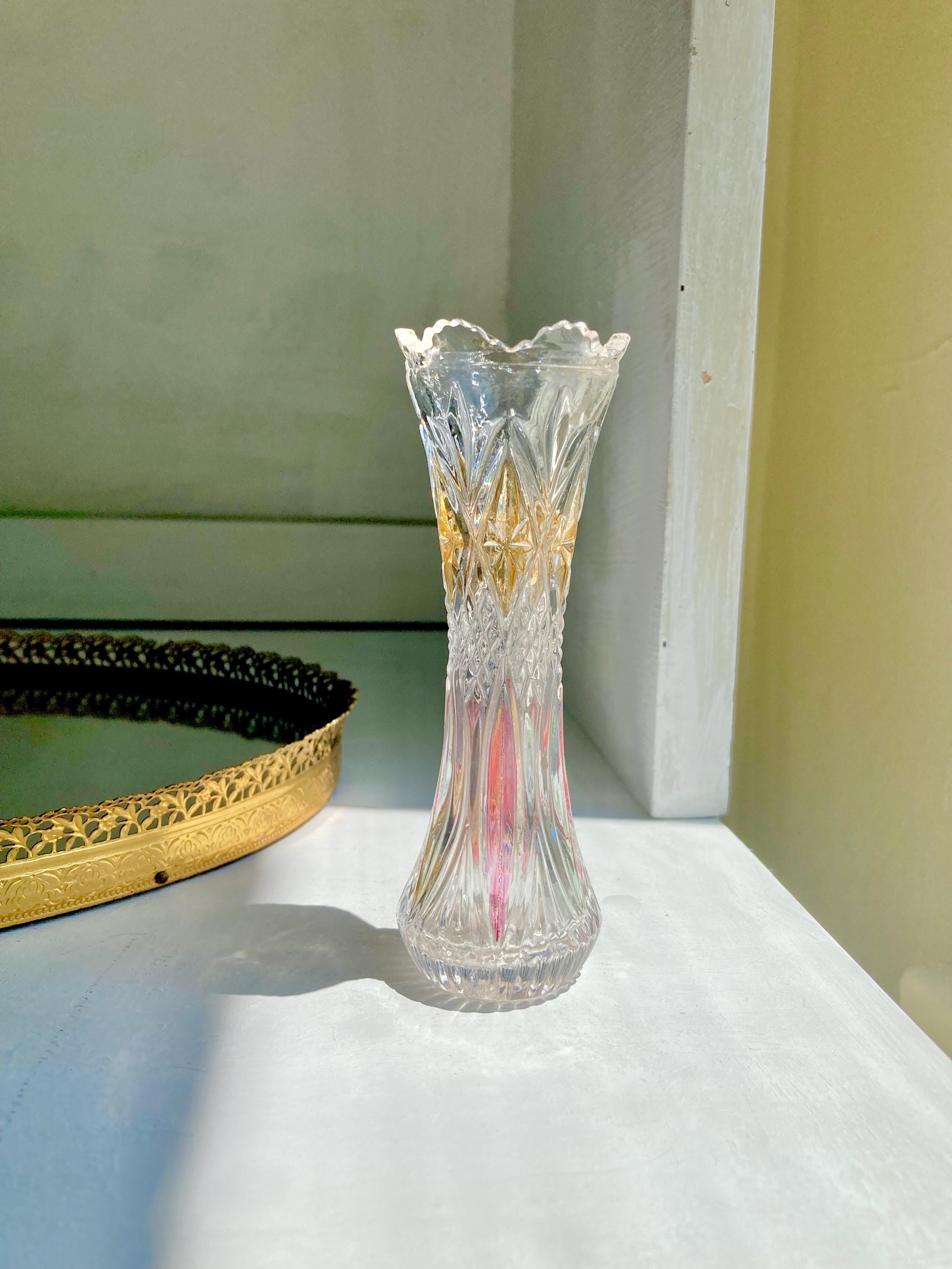 Vintage Pressed Glass Bud Vase - Fluted Ruffled Rim, Diamond Cut