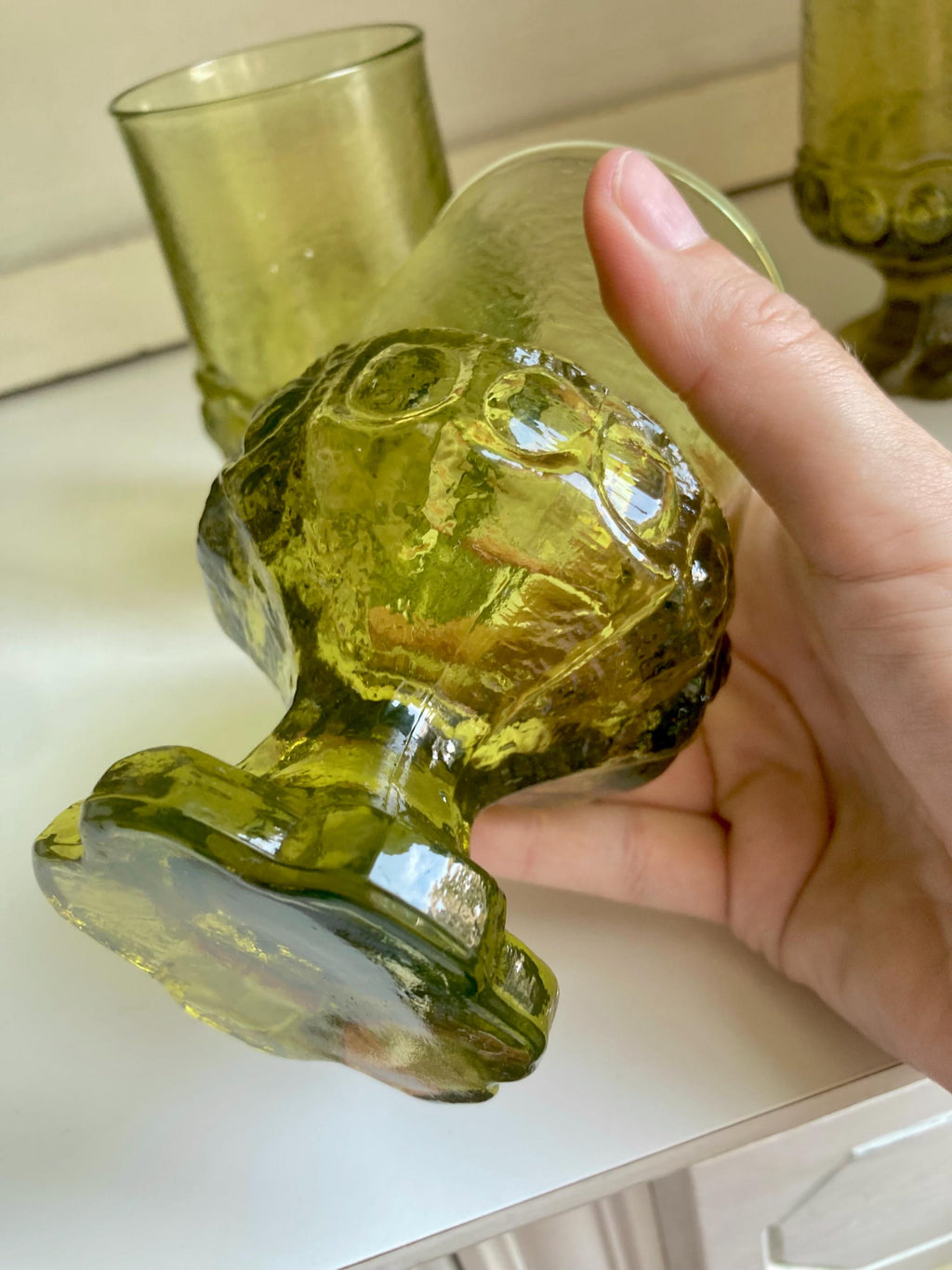 MCM Avocado Green Glass Tiffin Madeira Footed Tumblers - Thick Textured Goblets - SOLD INDIVIDUALLY