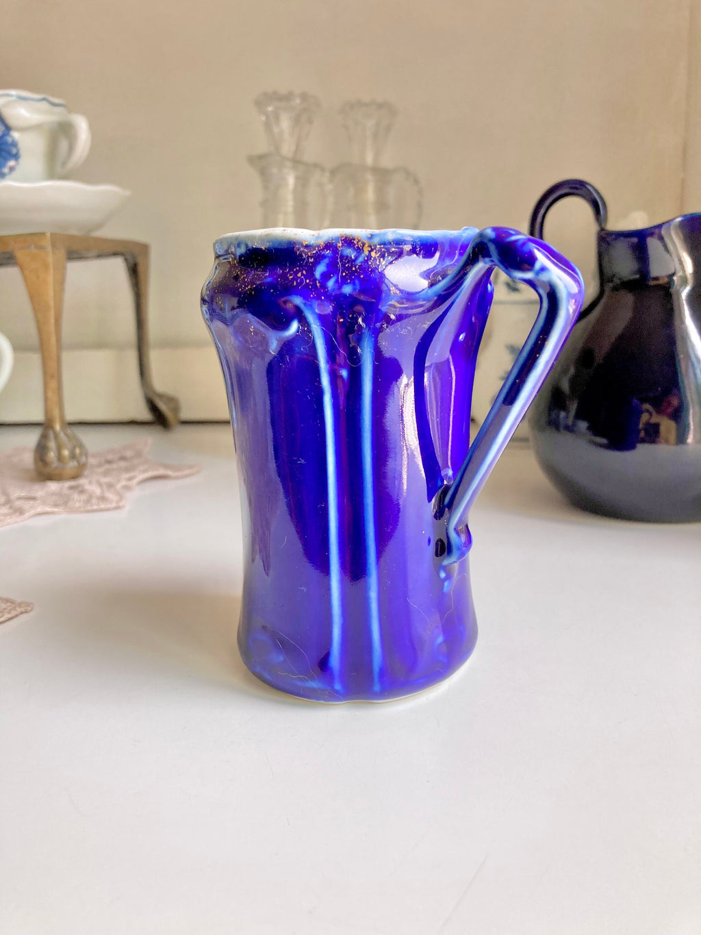 Antique Blue Ceramic Creamer Pitcher: Flow Blue or Cobalt, Choice