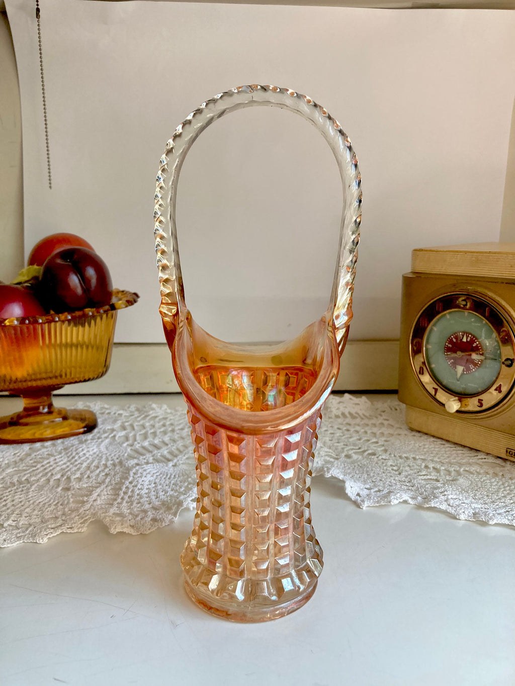Vintage Imperial Marigold Carnival Glass Basket Vase: Waffle Block Pattern, Braided Handle