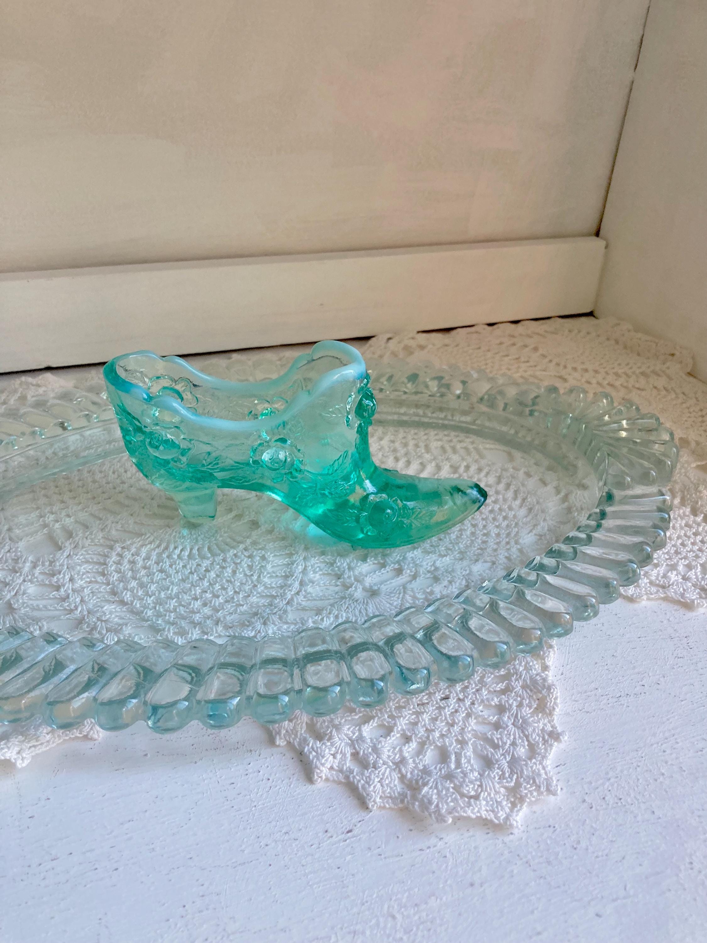 Vintage Aqua Blue Glass Ruffled Tray