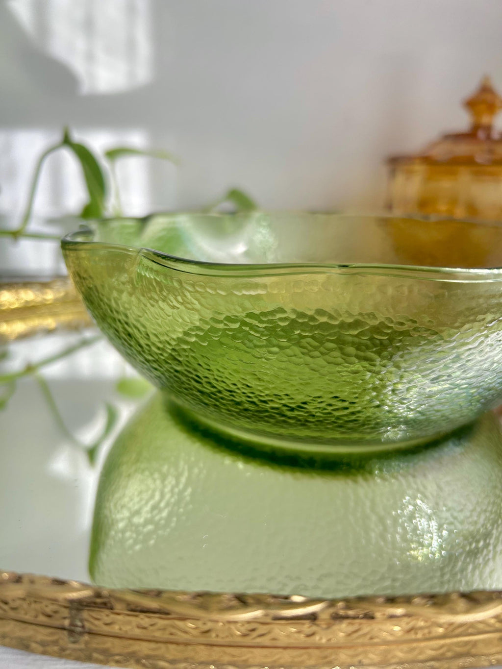 Vintage Hazel Atlas Green Glass Bowl: Pebblestone Ruffle Rim